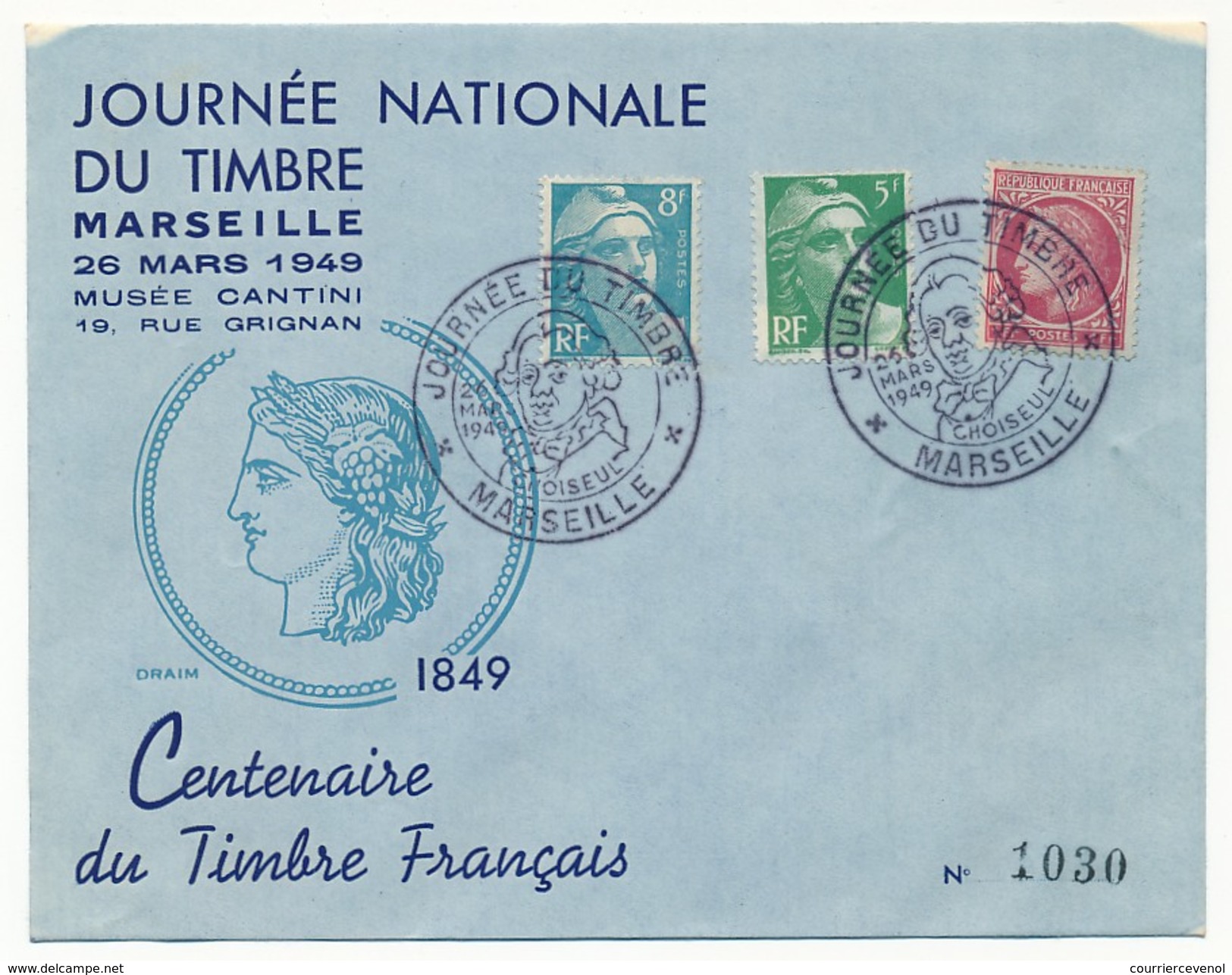 Enveloppe Illustrée DRAIM - Marseille Journée Du Timbre 1949 - Affr. Gandon / Cérès - 1945-54 Marianna Di Gandon