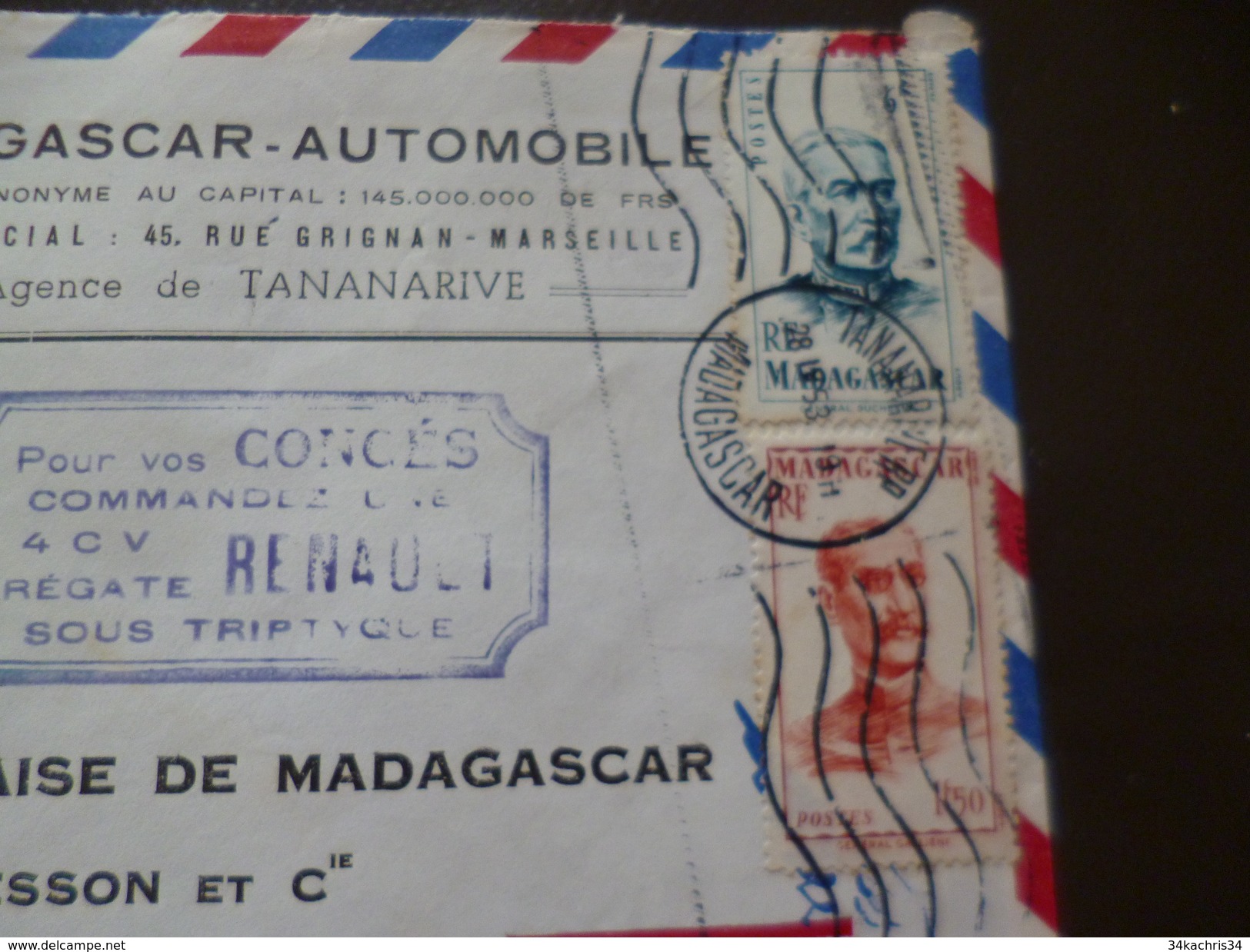 Lettre Colonies Françaises Madagascar Pub Renault 4 CV En Griffe Bleu 2 TP Anciens  1953 - Lettres & Documents