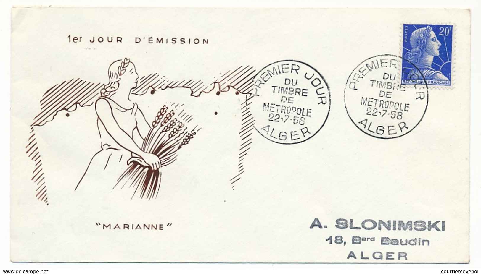 Enveloppe FDC - Premier Jour Du Timbre De Métropole - ALGER - 22/7/1958 - FDC