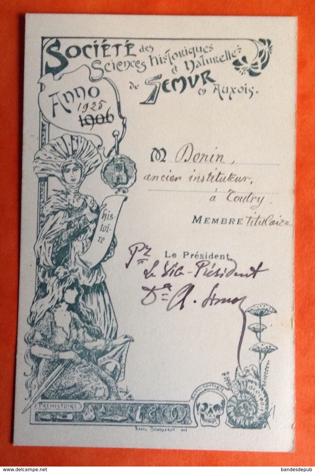 Semur En Auxois Société Historique Anthropologie Art Nouveau Illustré Raoul Bouillerot Tête Mort Carte Membre - Sonstige & Ohne Zuordnung