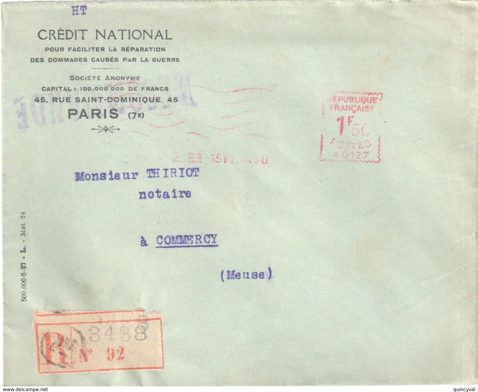 4156 PARIS 2 Bis  Lettre RECOMMANDEE CREDIT NATIONAL Ob 15 02 1928 EMA Havas A0127 HAV31 1F50 - EMA (Print Machine)