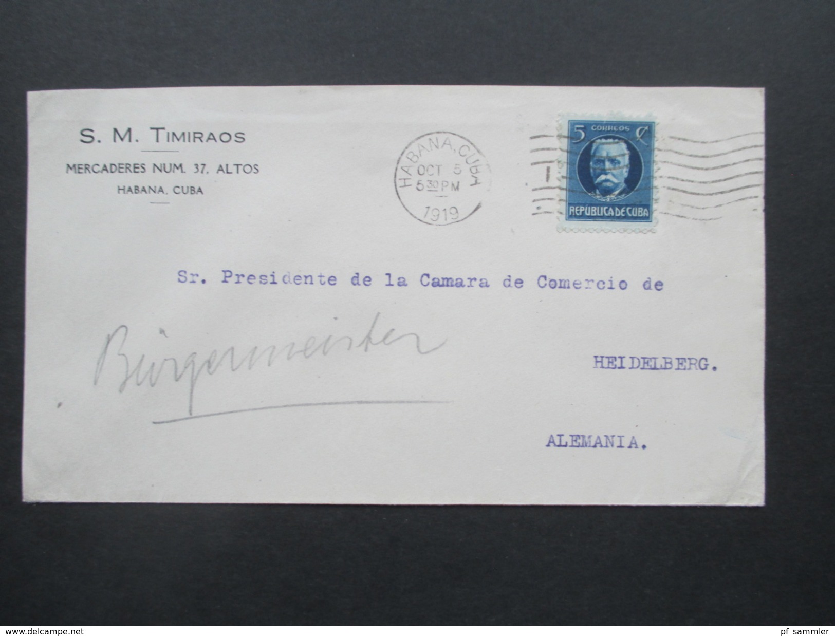 Cuba / Kuba 1919 Brief Nach Heidelberg. S.M. Timiraos Merceaderes Num. 37 Altos Habana Cuba - Briefe U. Dokumente