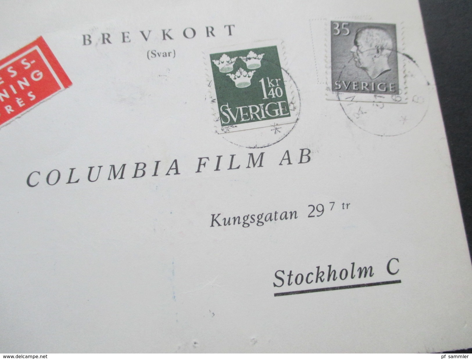 Schweden 1968 Brevkort Express Utdelning Expres. An Columbia Film AB In Stockholm - Brieven En Documenten