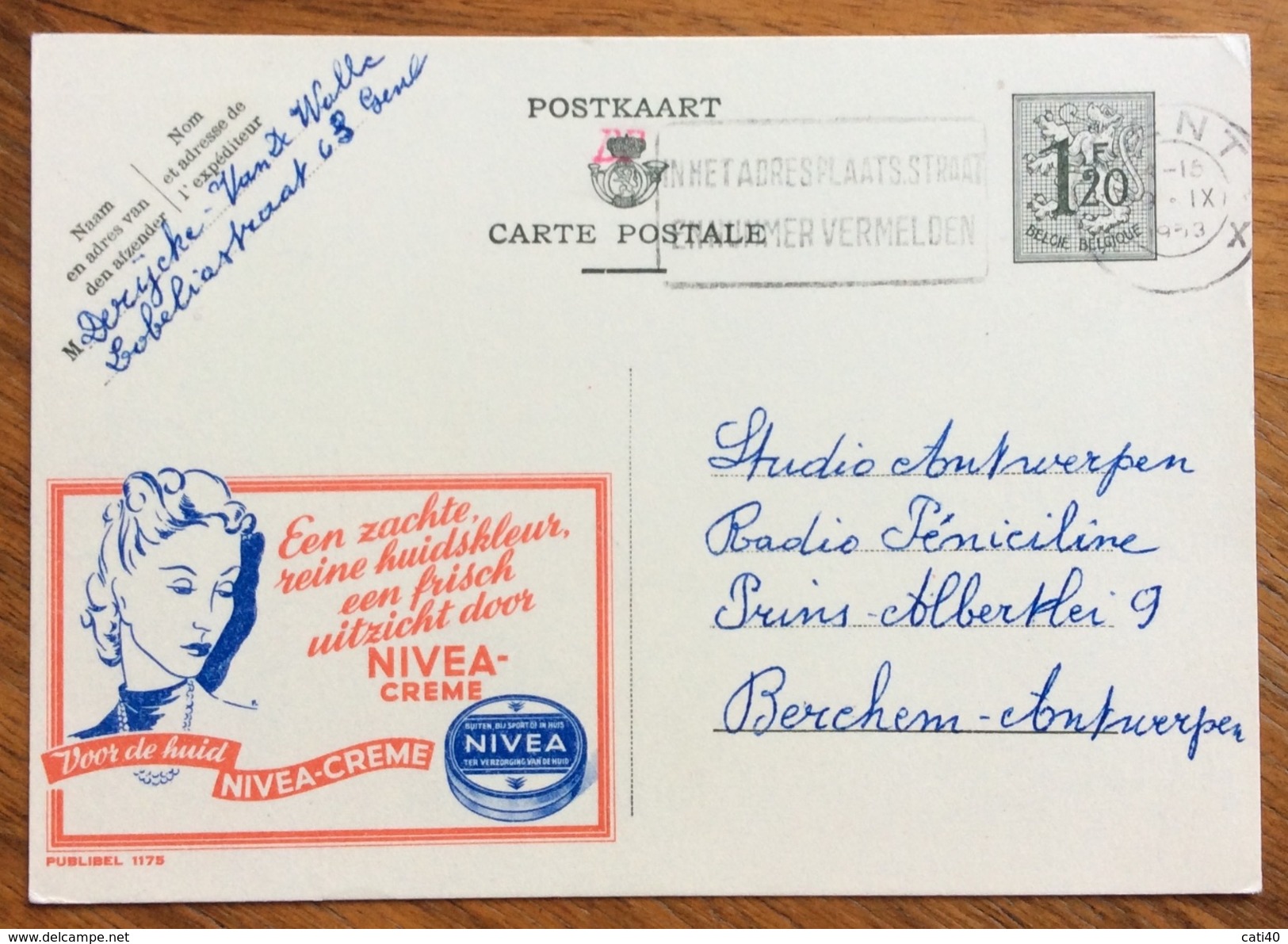 PUBBLICITA'  CREMA NIVEA  SU   INTERO POSTALE PUBBLICITARIO  BELGIO 1953 - Non Classificati