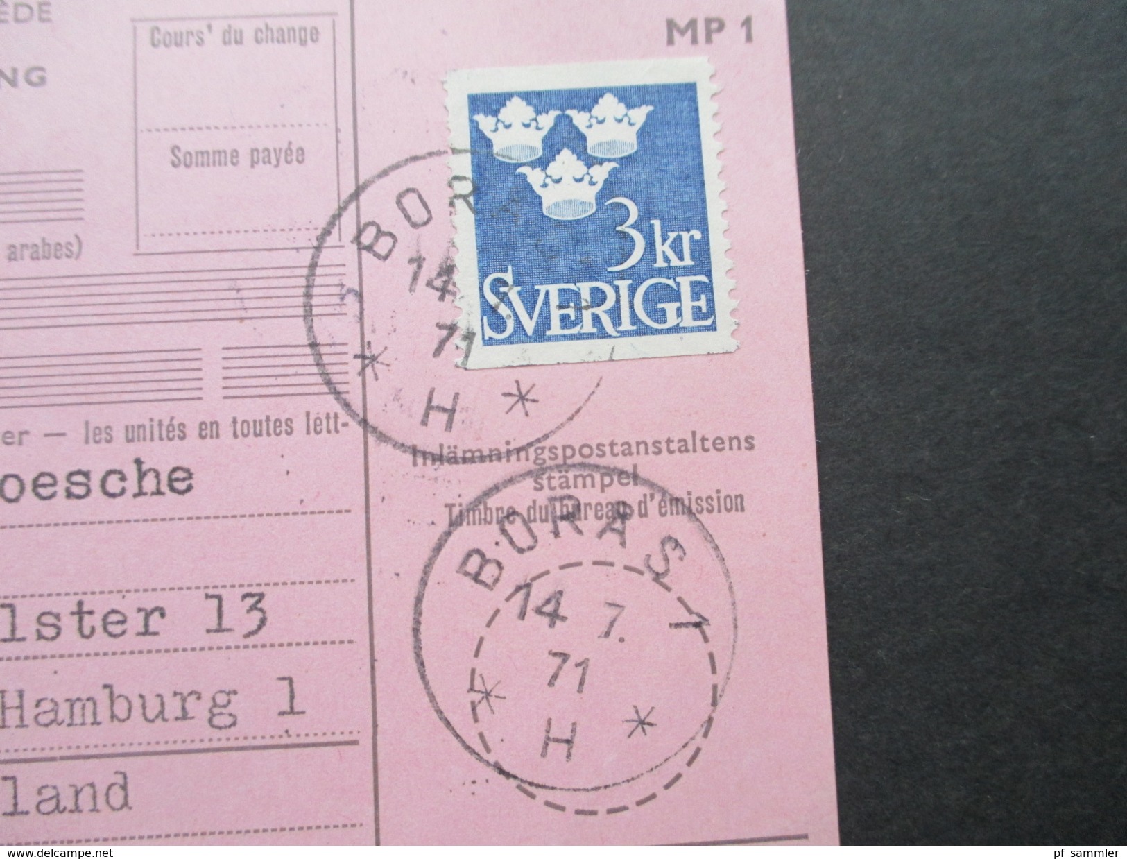 Schweden 1971 Internationale Postanweisung Nach Hamburg! Stempel: Boras. - Cartas & Documentos