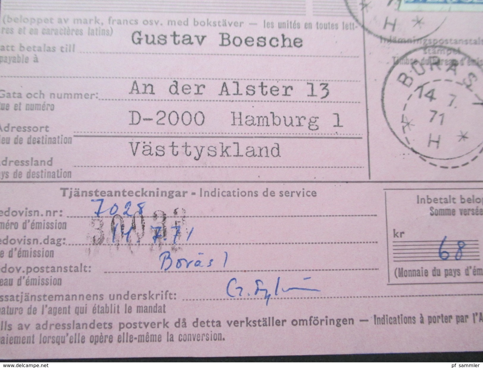 Schweden 1971 Internationale Postanweisung Nach Hamburg! Stempel: Boras. - Brieven En Documenten