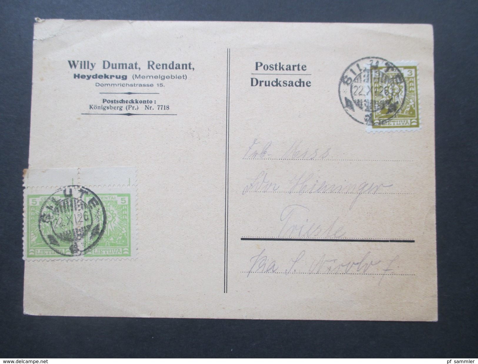 Deutsches Reich Memelgebiet 1926 Postkarte Silute. Willy Dumat, Rendant. Heydekrug. Briefmarkenhändler. Nach Trieste - Memel (Klaipeda) 1923