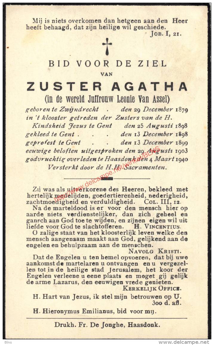 Zuster Agatha (1879 - 1940) Bidprentje - Images Religieuses
