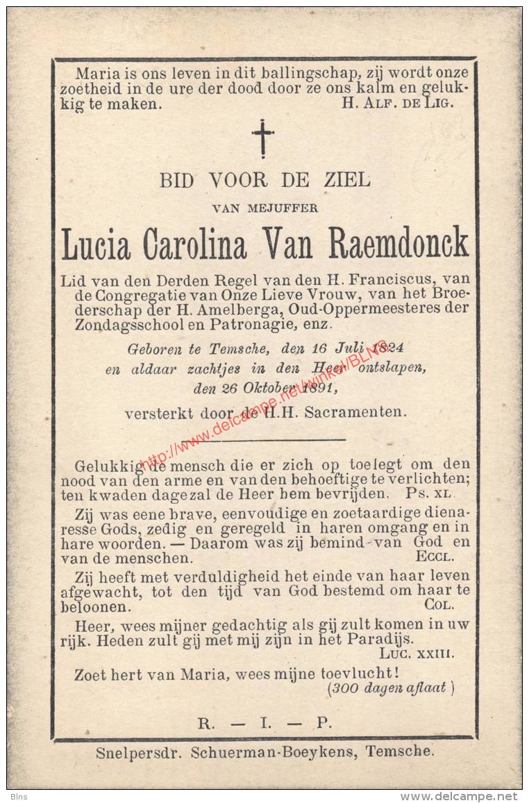 Lucia Carolina Van Raemdonck (1824 - 1891) Bidprentje - Images Religieuses