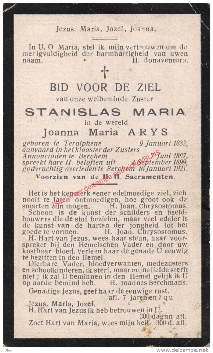 Zuster Stanislas Maria (1882 - 1921) Bidprentje - Devotieprenten