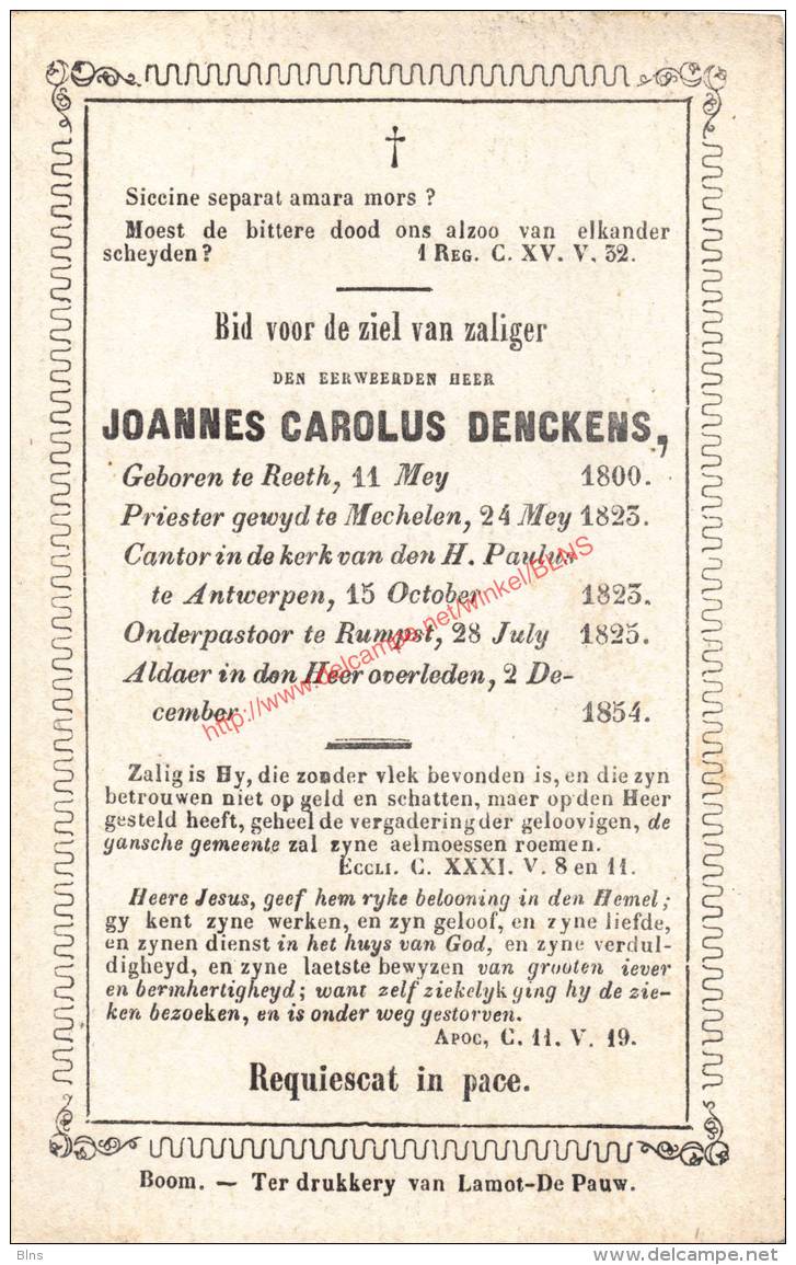 Priester Joannes Carolus Denckens (1800 - 1854) Bidprentje - Images Religieuses