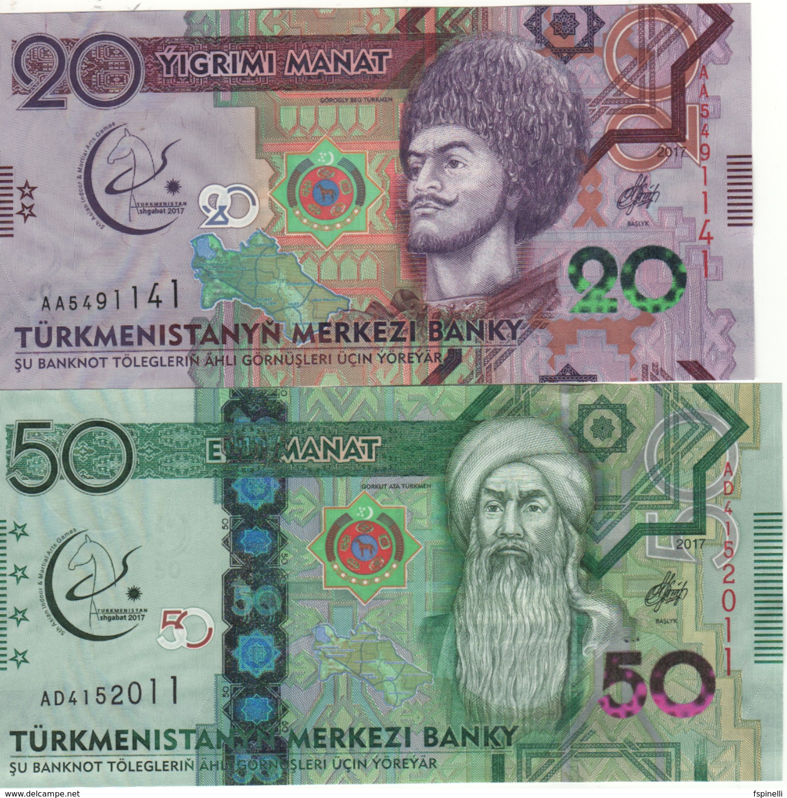 New TURKMENISTAN 1-100 Manat. “FULL Commemorative Set 6 Notes”. Asian Olympics.  2017 UNC - Turkmenistan