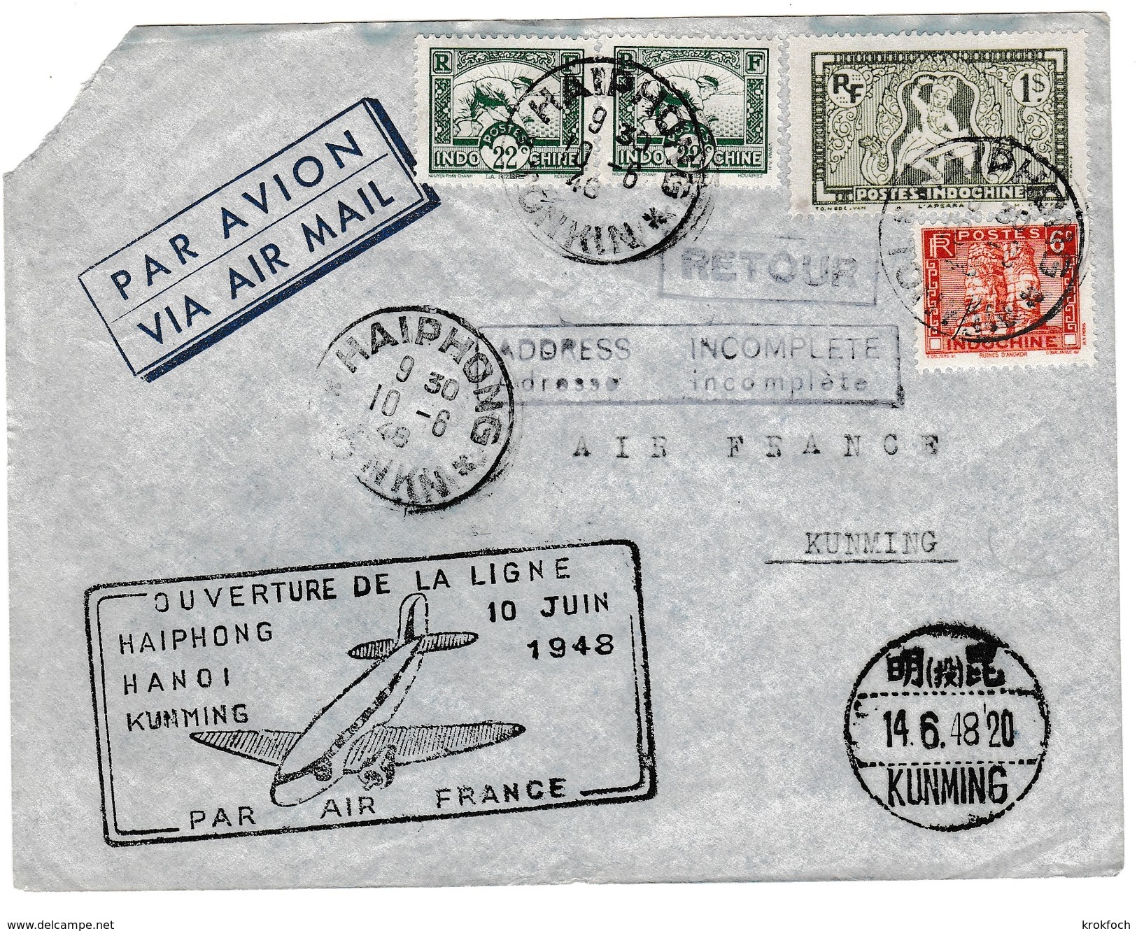 Haiphong Hanoi Kunming China 1948 - 1er Vol Air France - Inaugural Flight Erstflug Chine - 1912-1949 Republic