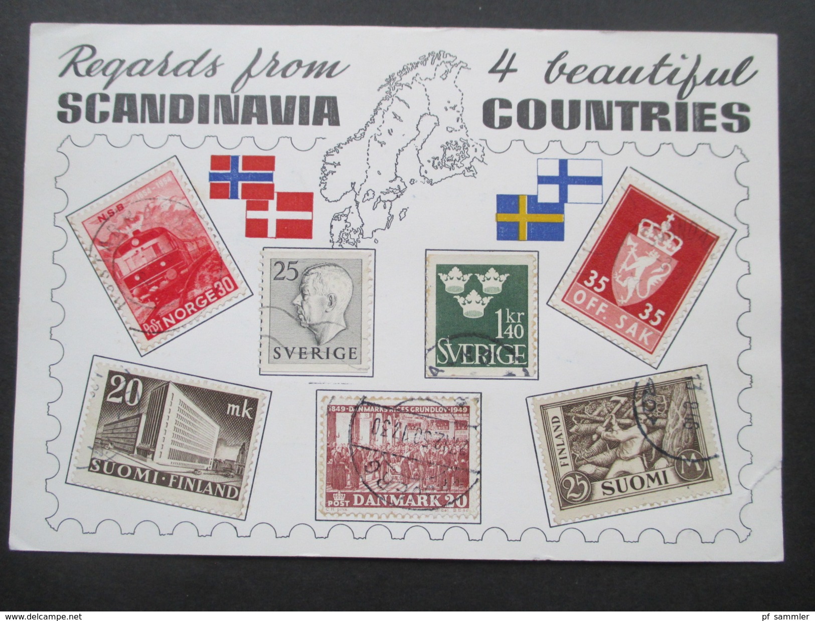 AK 1961 Briefmarken-Gruss Regards From Scandinavia. 4 Beautiful Countries. Verschiedene Briefmarken Aufgeklebt - Briefmarken (Abbildungen)