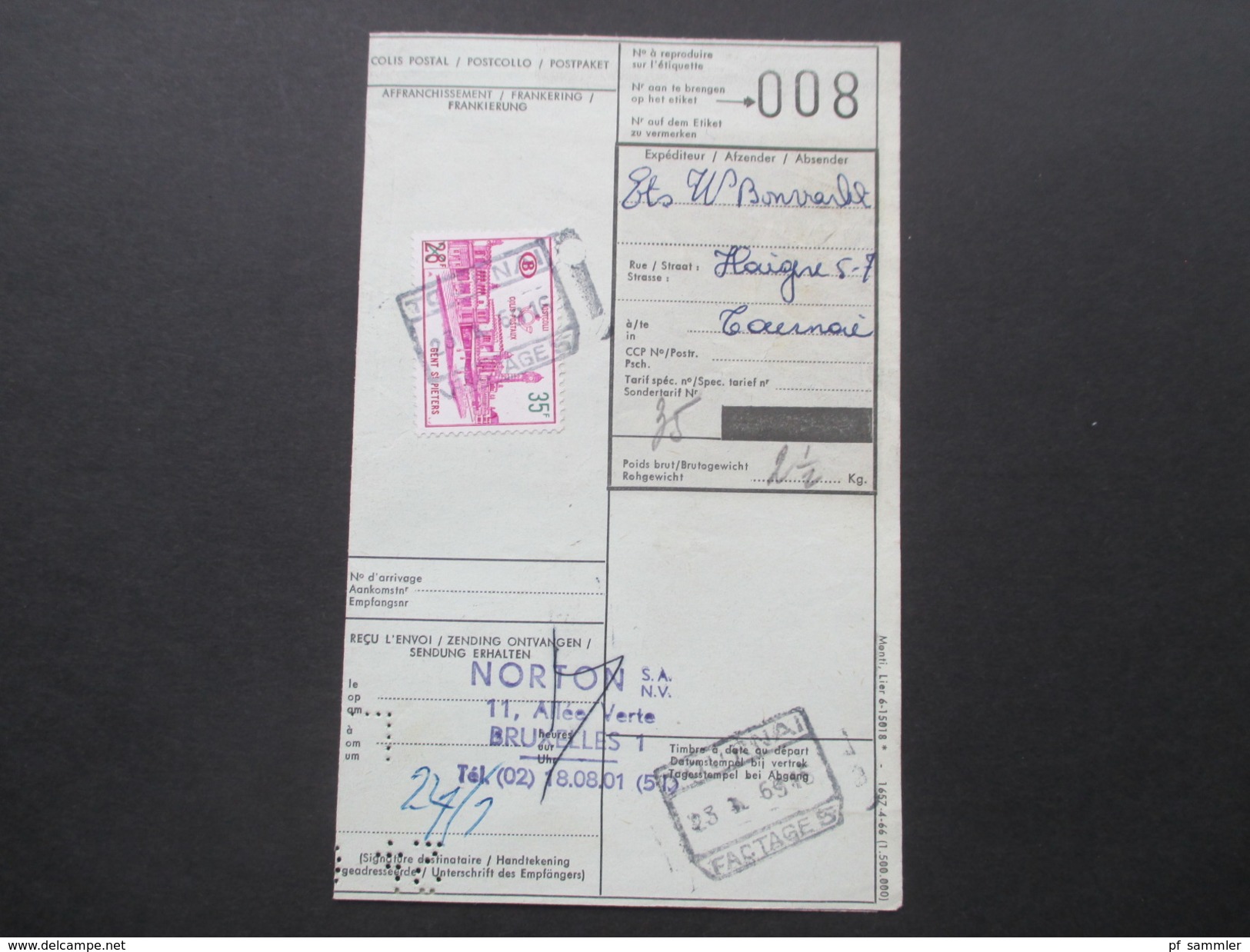Belgien 1969 Postpaketmarke Nr. 59 Einzelfrankatur. Versandschein. Mit Lochung! Nach Brüssel. - Post Office Leaflets