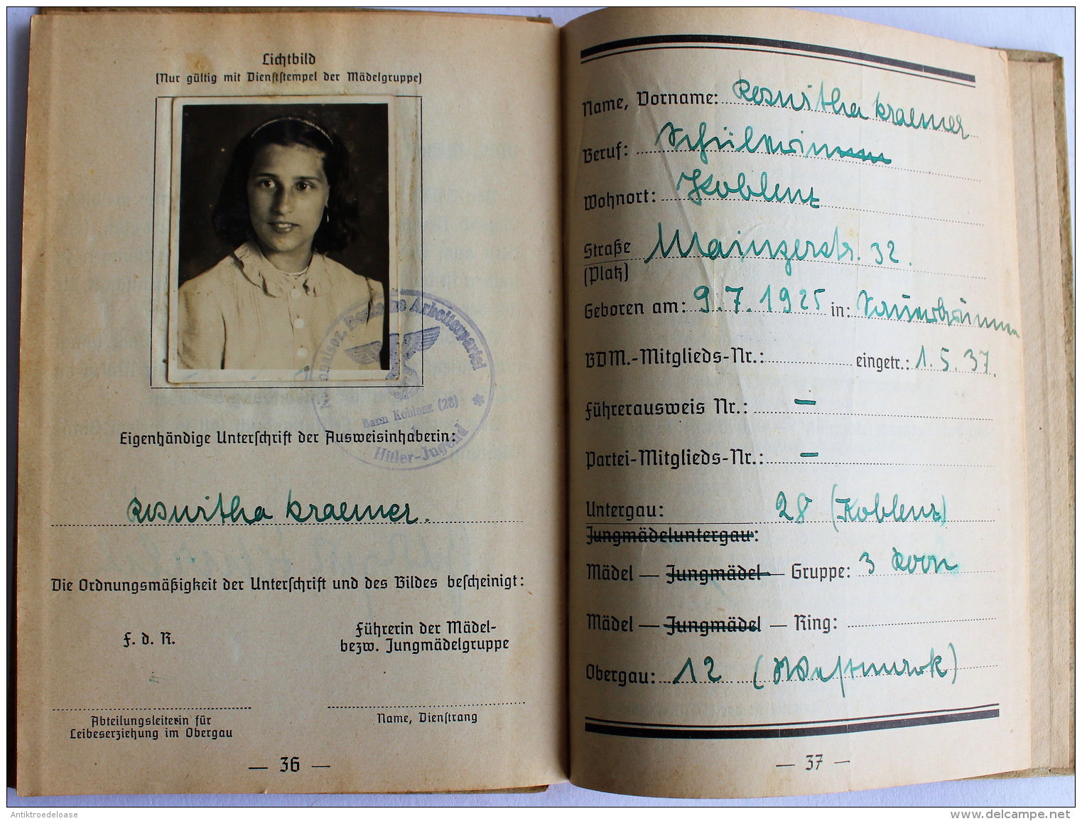 WK2 III°Reich Leistungsbuch Des Bundes Deutscher Mädel Jungmädelbund In Der HJ 1937 - Documenti
