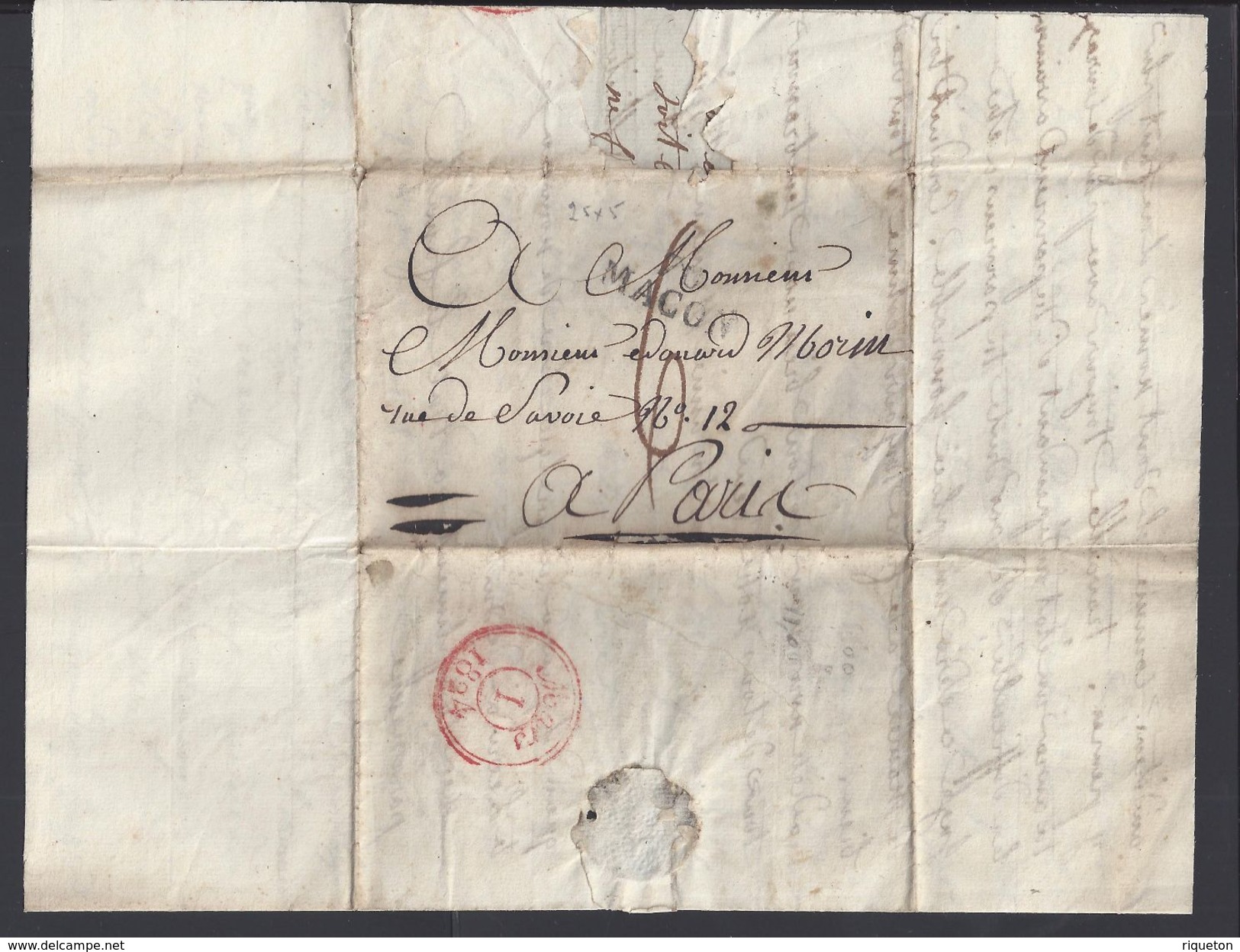 FR - 1824 - Pli De Macon, Marque Linéaire, Port Dû, Taxe Manuscrite 6 Décimes Pour Paris B/TB - - 1801-1848: Précurseurs XIX