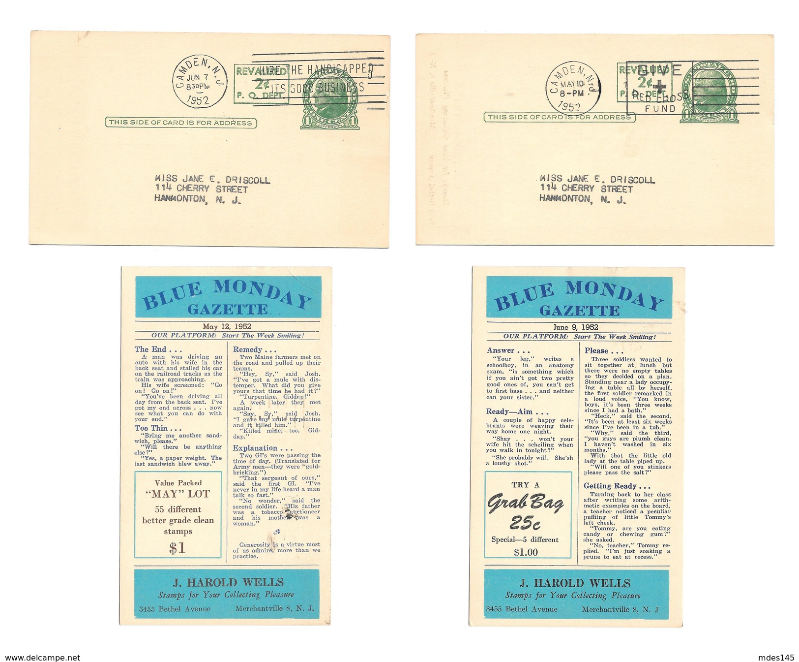 UX39 Postal Cards Blue Monday Gazette Stamp Dealer Advert Jokes 2 Diff 1952 - Postal History