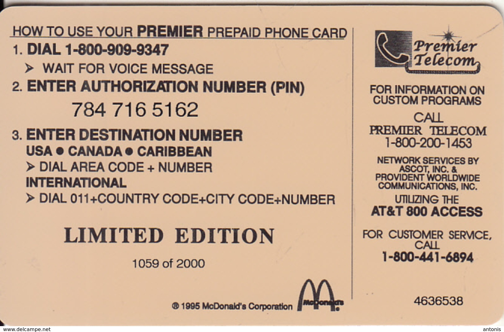 USA - Batman Forever, McDonald"s By Premier Telecom Promotion Prepaid Card, Tirage 2000, Used - Other & Unclassified