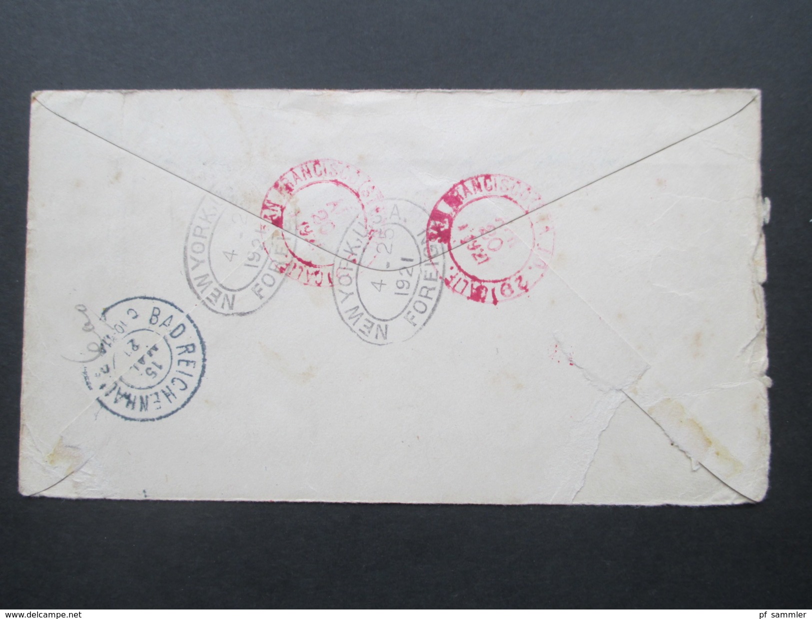 USA 1921 Ausgabe 1907 Franklin Nr. 166/169 R-Brief. Rote Stempel San Francisco-Bad Reichenhall. Return Receipt Requested - Cartas & Documentos