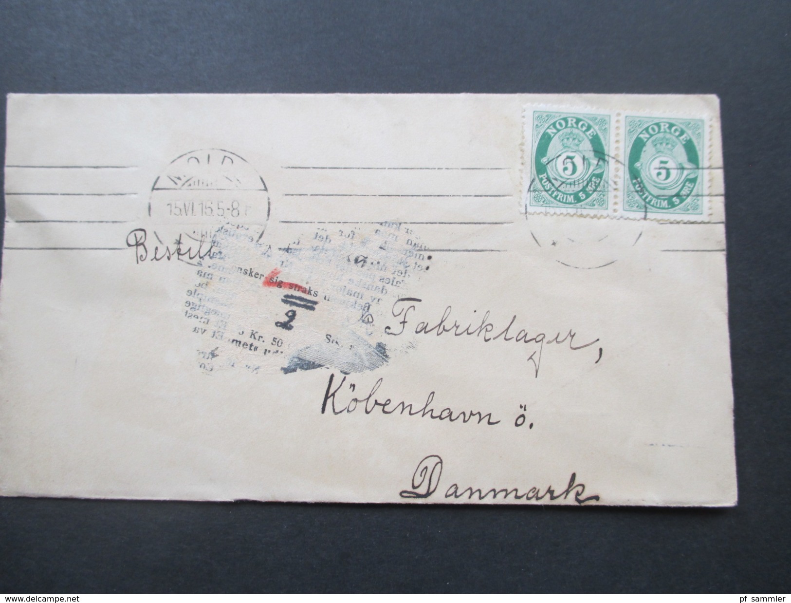 Norwegen 1915 Freimarken Posthorn Waagerechtes Paar. Mold - Kopenhagen. Strichstempel / 4 Striche / O - Briefe U. Dokumente