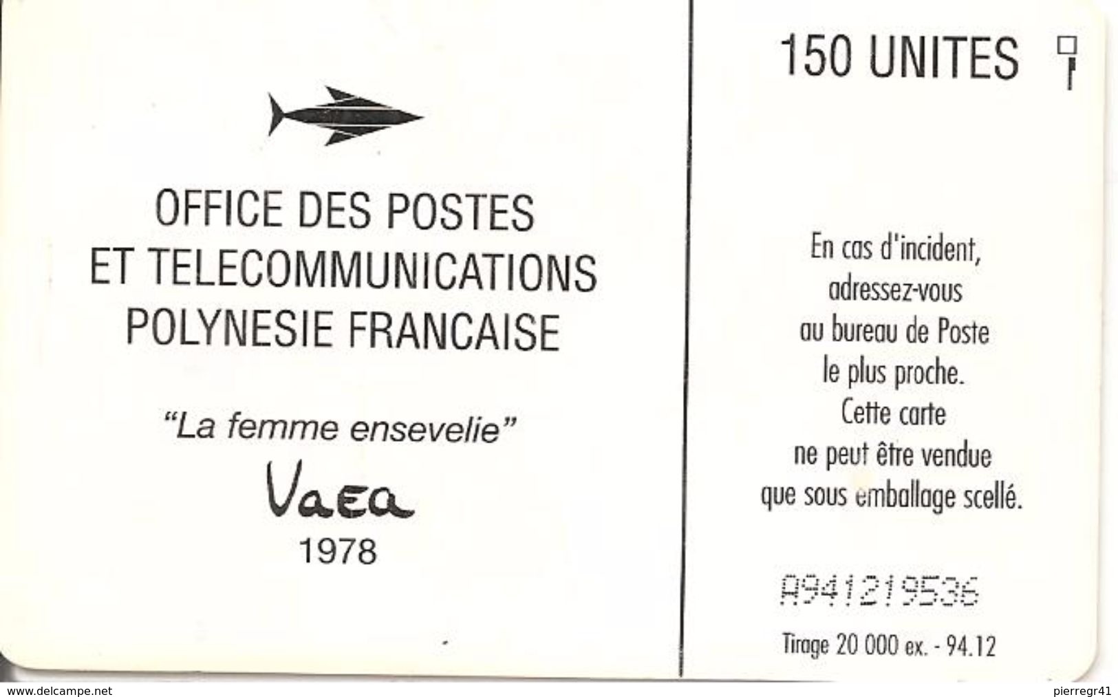 CARTE°-PUCE-POLYNESIE-PF-30-150U-GEMB-12/1994-LA FEMME ENSEVELIE-UTILIS E-TBE - French Polynesia