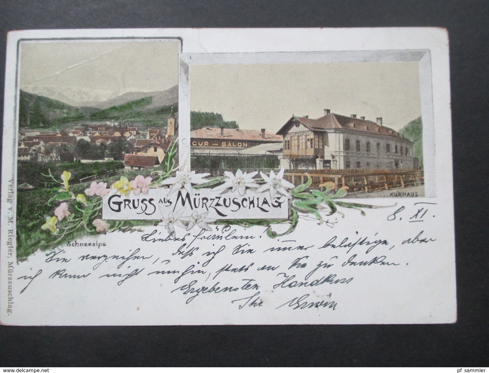 AK / Lithografie 1898 Gruss Aus Mürzzuschlag. Mehrbildkarte Kurhaus / Schneealpe. Verlag V. M. Riegler. Strichstempel - Mürzzuschlag