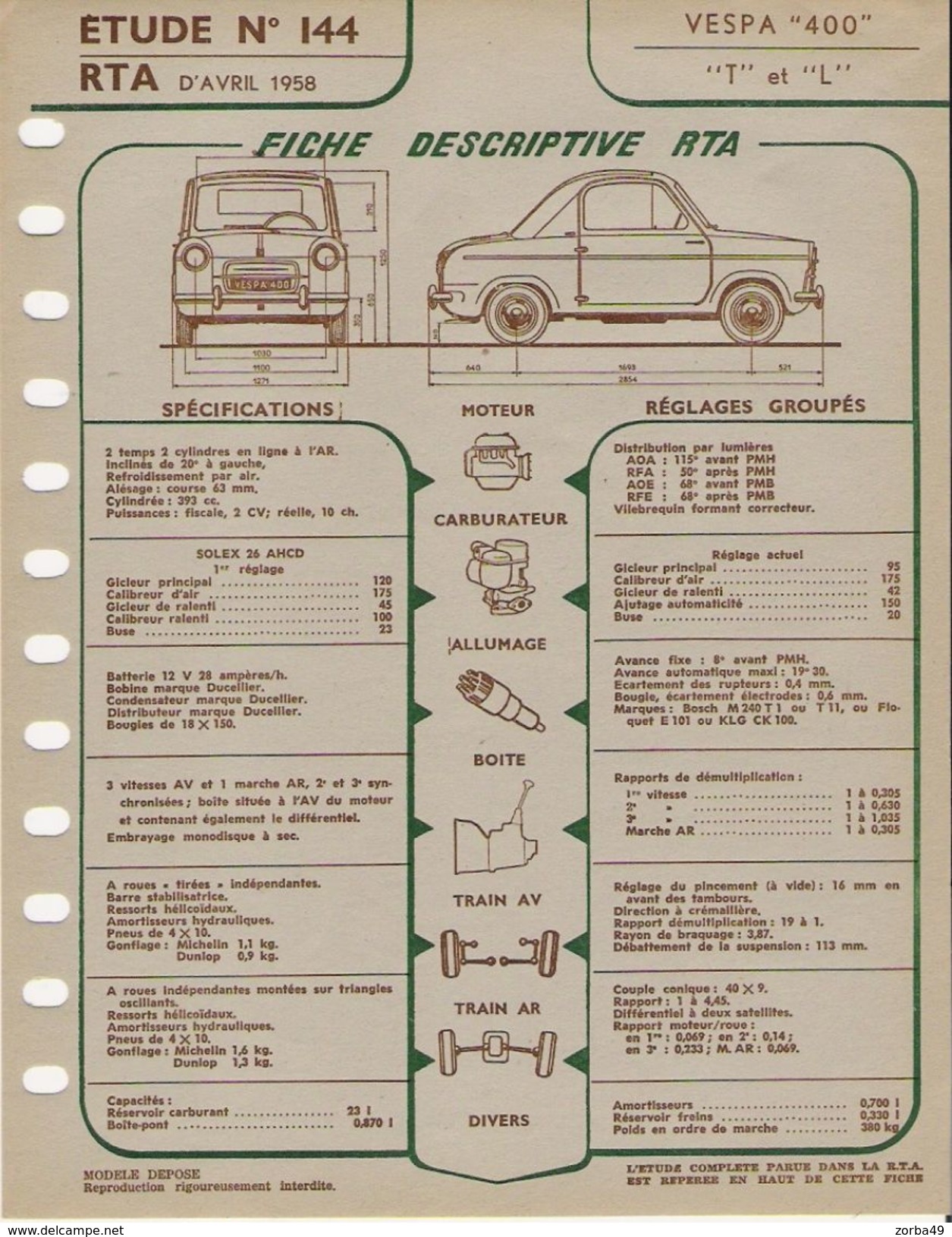 FICHE RTA 1958 VESPA 400 - Autres Plans