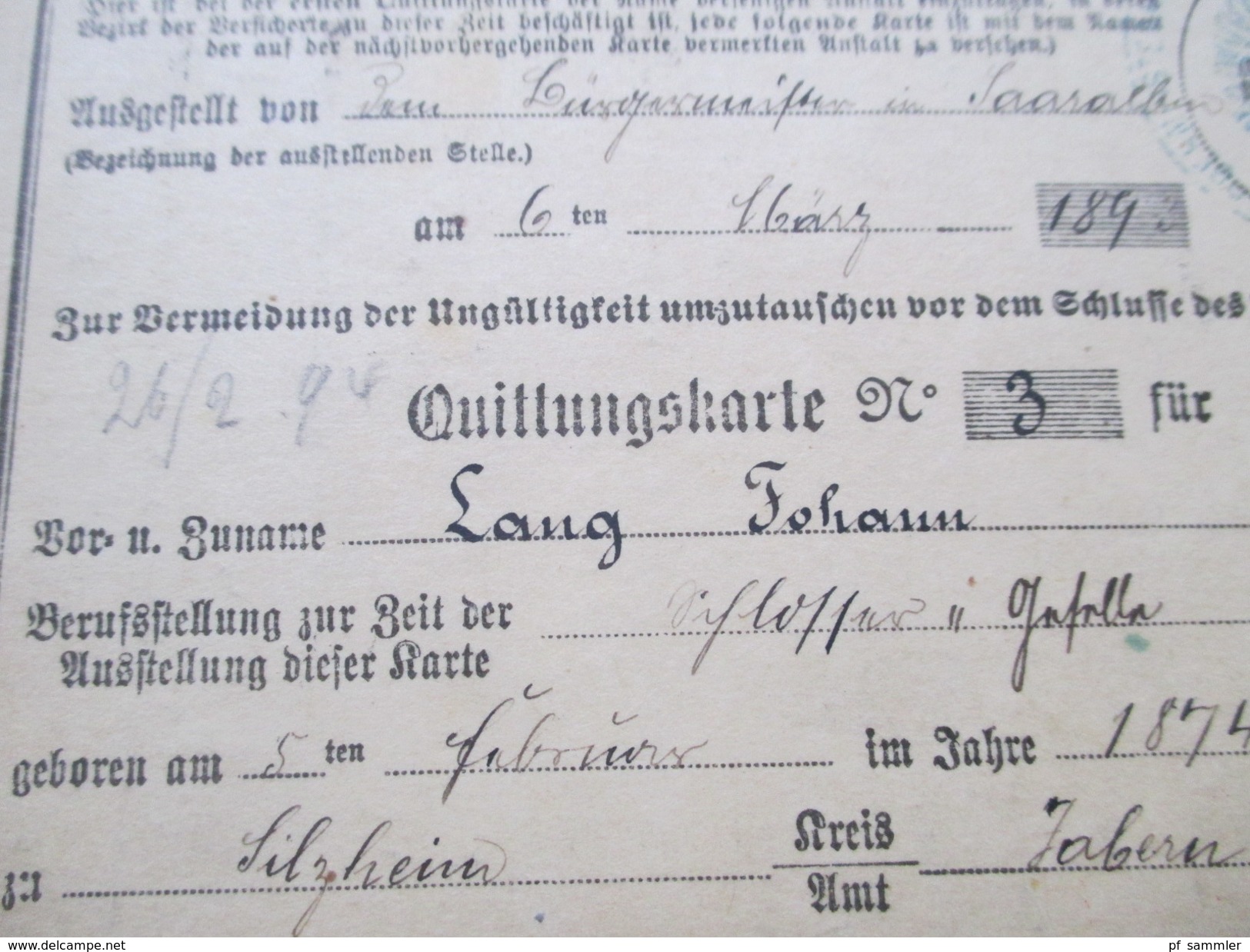 DR Elsass Lothringen 1896 Quittungskarte. Stempel: Entwerthet Landes Versicherungsanstalt Elsass - Lothringen. Saaralben