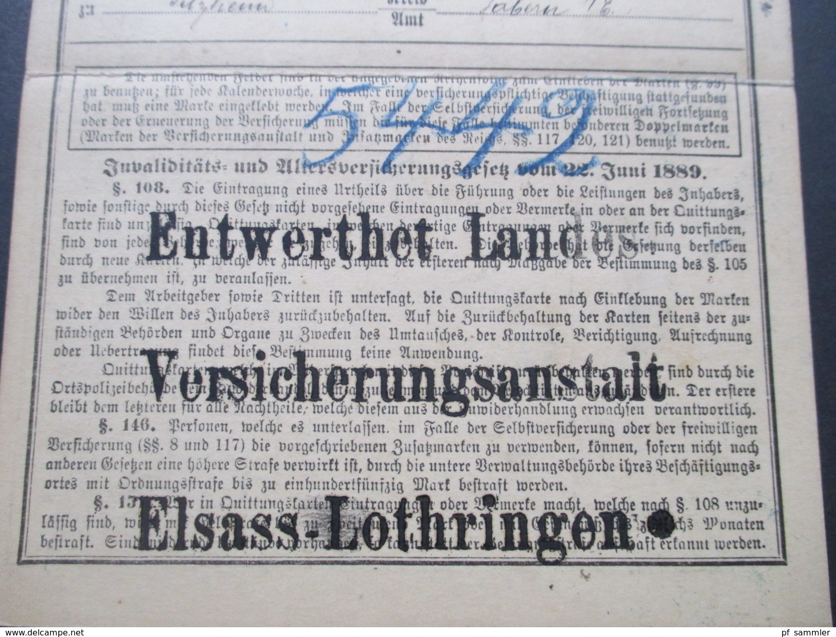 DR Elsass Lothringen 1896 Quittungskarte. Stempel: Entwerthet Landes Versicherungsanstalt Elsass - Lothringen. Saaralben
