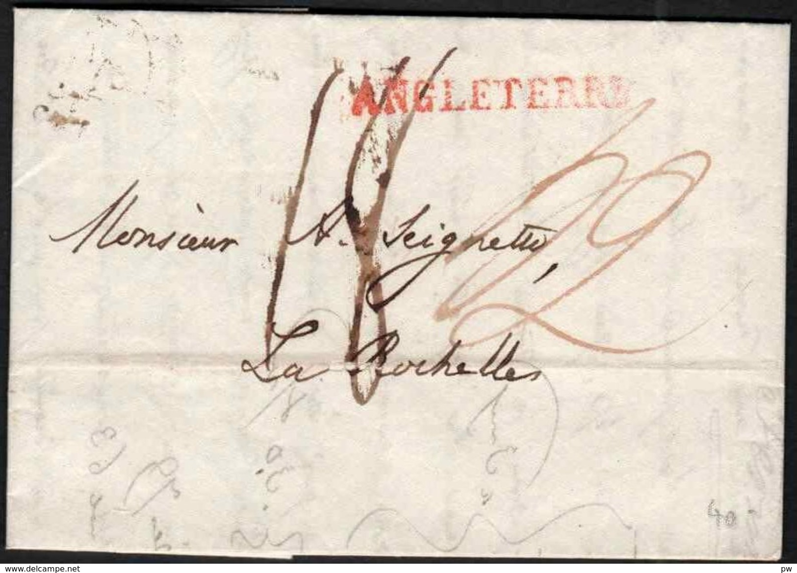 FRANCE ENTREE 1822  'ANGLETERRE' Rouge, Lettre De Londres à La Rochelle. - Entry Postmarks