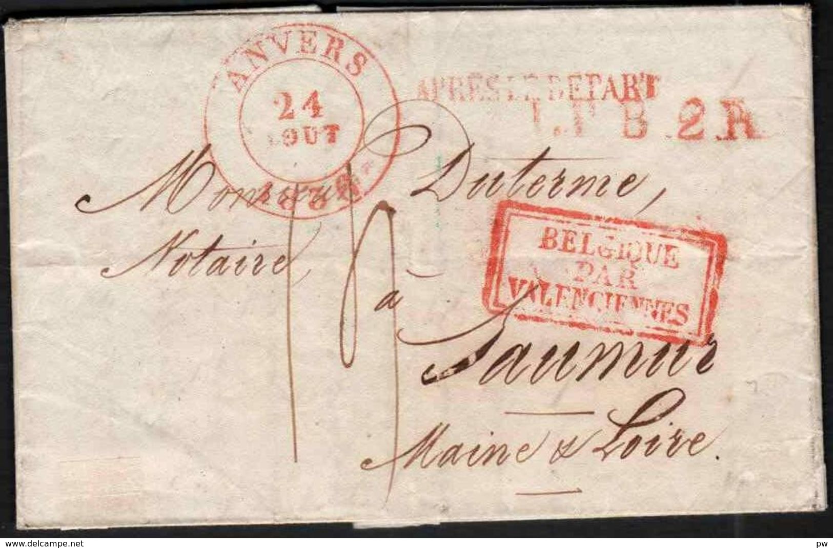 FRANCE ENTREE 1836 Griffe 'BELGIQUE/PAR/VALENCIENNES' Rouge, Lettre D'Anvers à Saumur. - Entry Postmarks