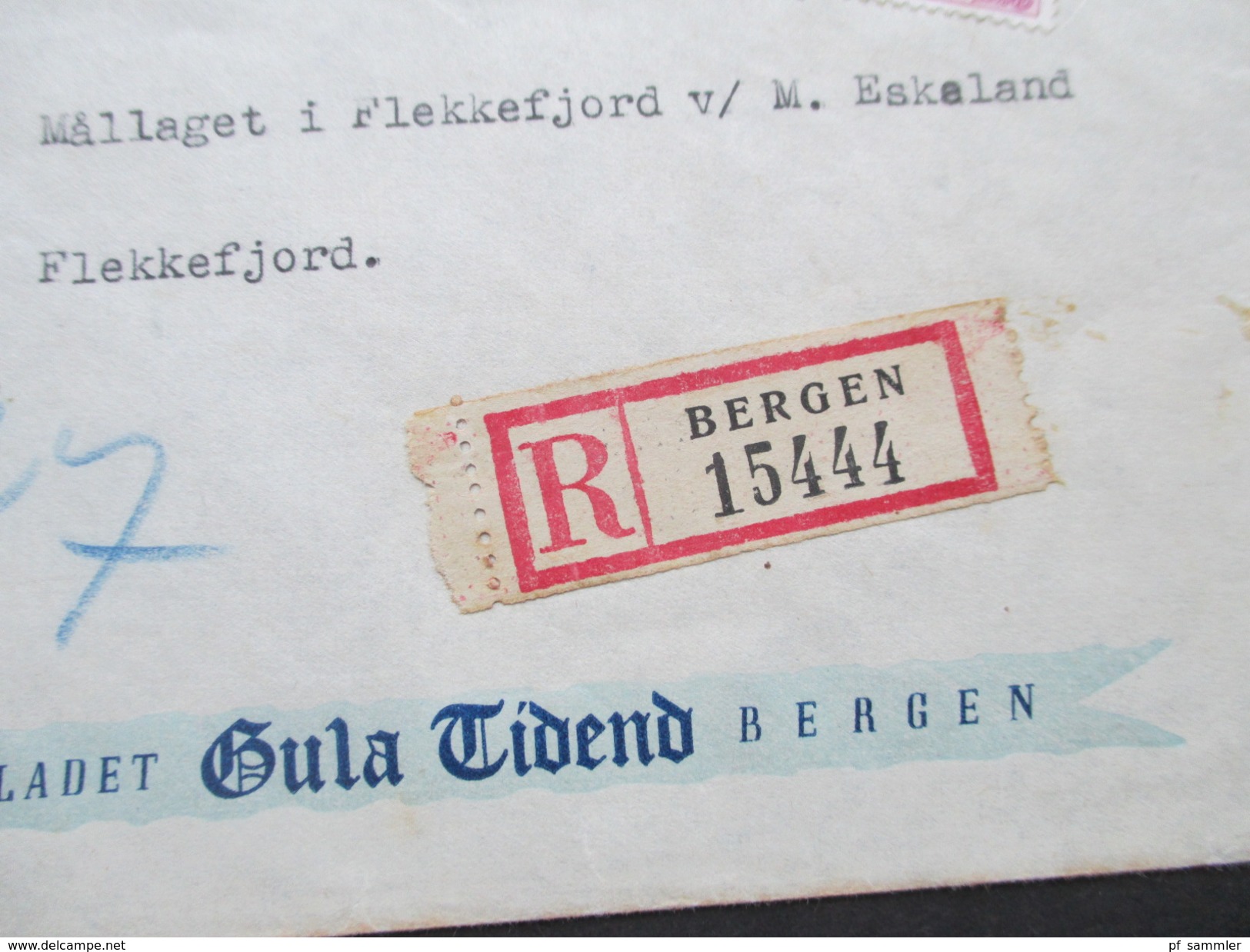 Norwegen 1947 Einschreiben R Bergen 15444. Umschlag Dagbladet Bula Tidend Bergen - Cartas & Documentos