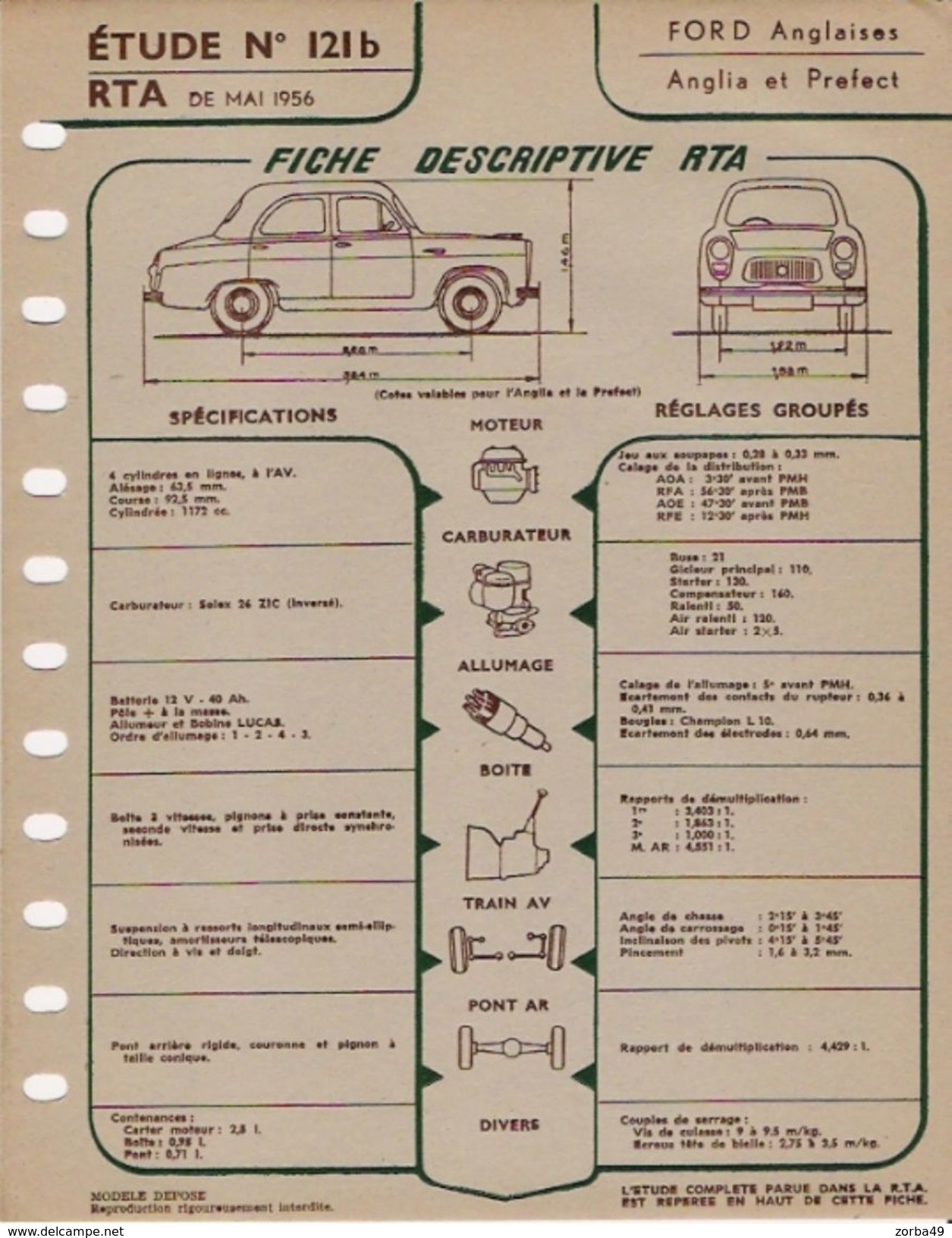 FICHE RTA 1956 FORD ANGLIA PREFECT - Other Plans