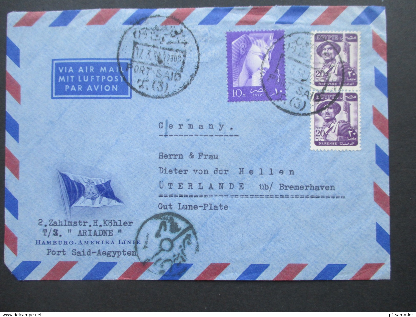 Ägypten 1950er Jahre Luftpostbrief / Schiffspost Hamburg - Amerika Linie. TS Ariadne. Nach Üterlande.Interessanter Beleg - Covers & Documents