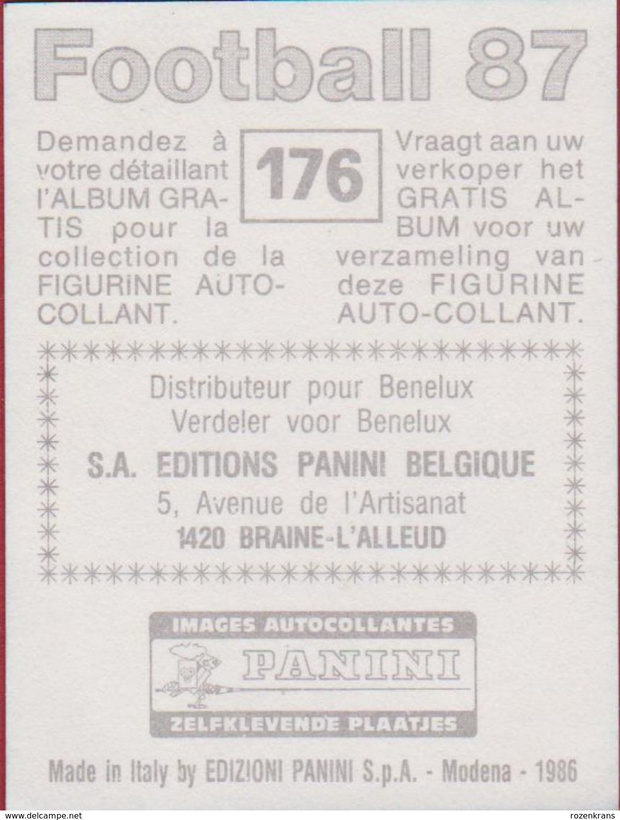 Panini Football Voetbal 87 1987 Racing Jet Bruxelles Jette Sticker Nr. 176 Olivier Carette - Autres & Non Classés