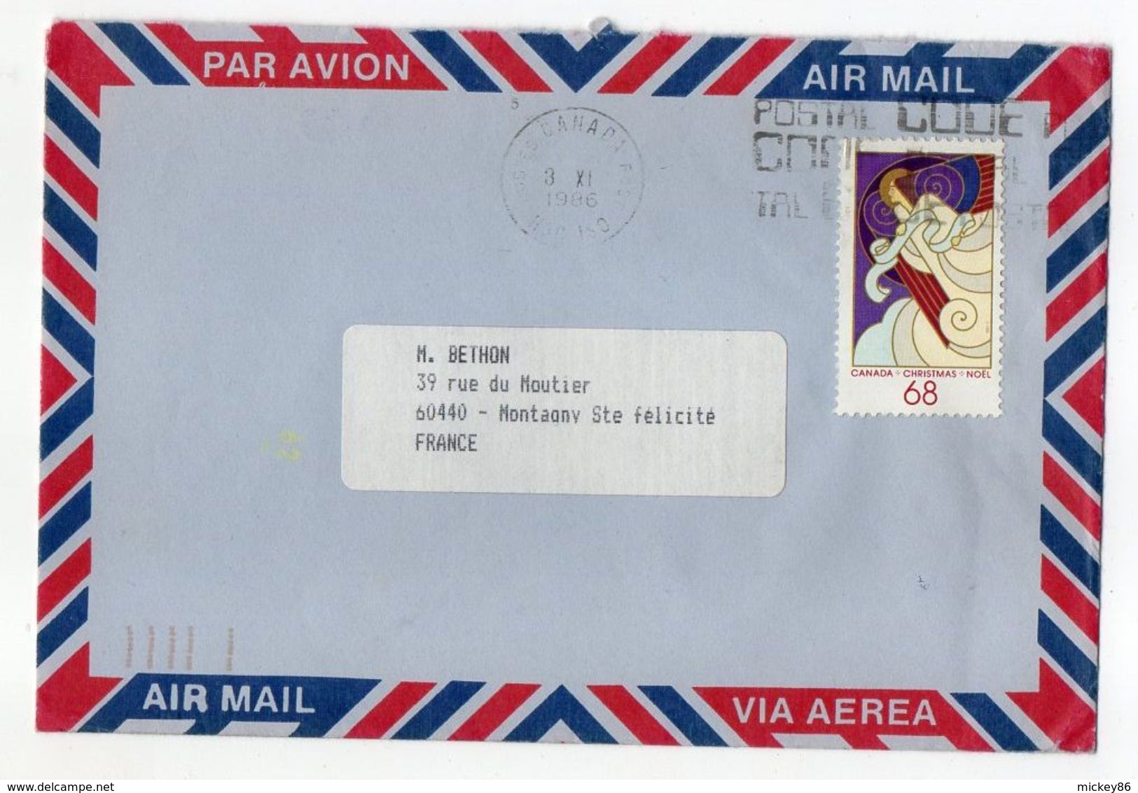 Canada-1986--lettre Pour MONTAGNY Ste FELECITE-60 (France)-timbre (Noel 68)  Seul Sur Lettre -cachet- - Storia Postale