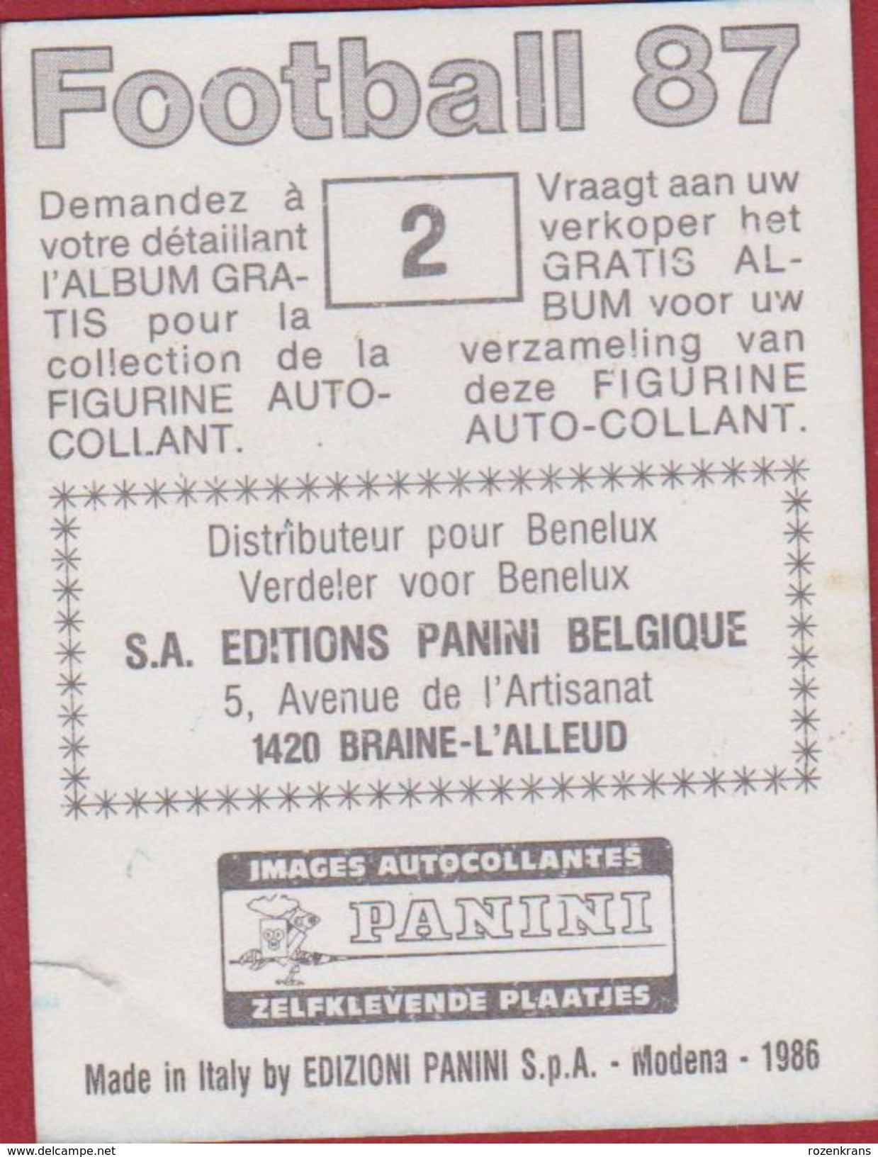 Panini Football Voetbal 87 1987 Belgie Ploegfoto Sticker Nr. 2 (scheurtje) Rode Duivels - Autres & Non Classés