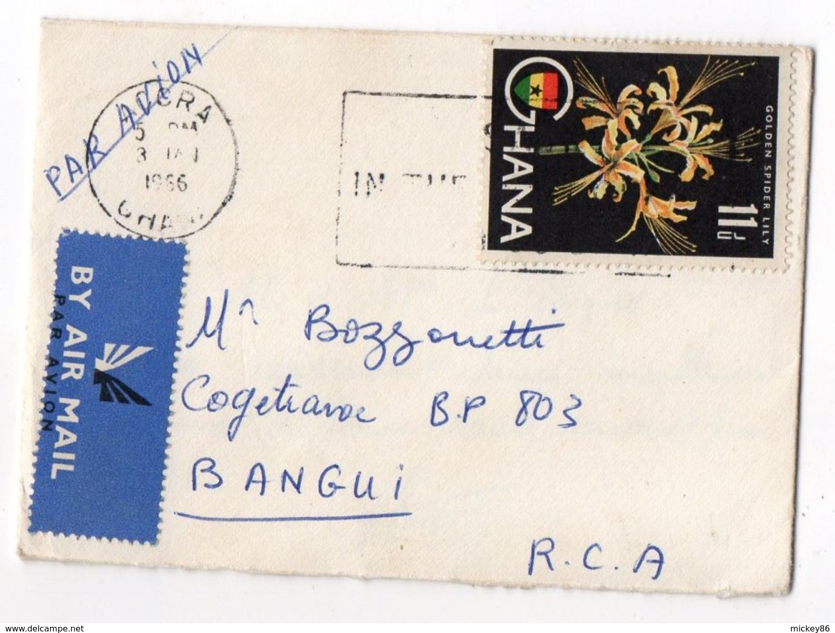 Ghana--1966--lettre De ACCRA Pour BANGUI (Répub CENTRAFRICAINE)--timbre Seul Sur Lettre--cachet - Ghana (1957-...)