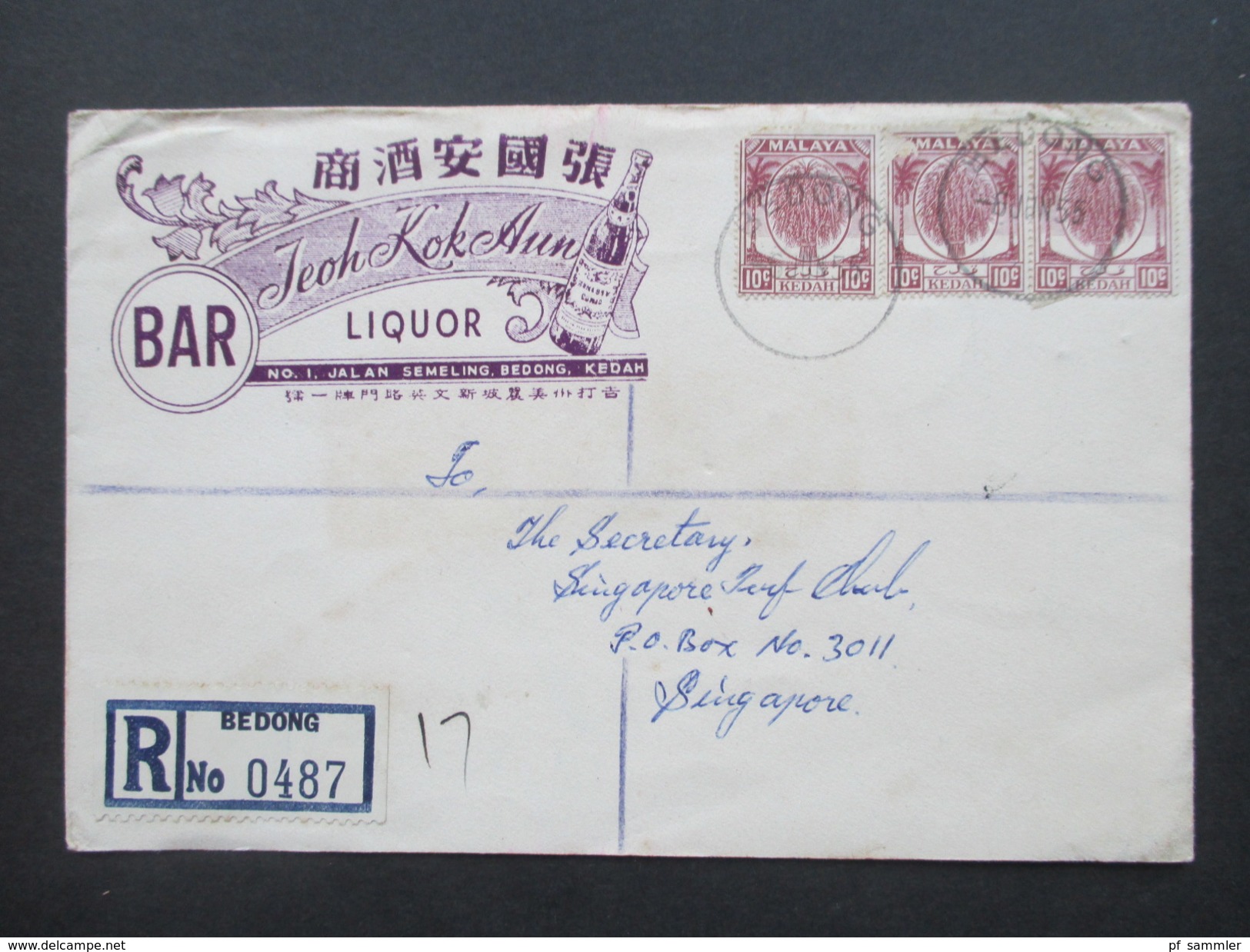 Malaysia 1955 R-Brief Bedong No 0487. 6 Stempel / Six Cancels. Firmenbrief Jeoh Kok Aun Liquor Bar. Alkohol. - Malayan Postal Union