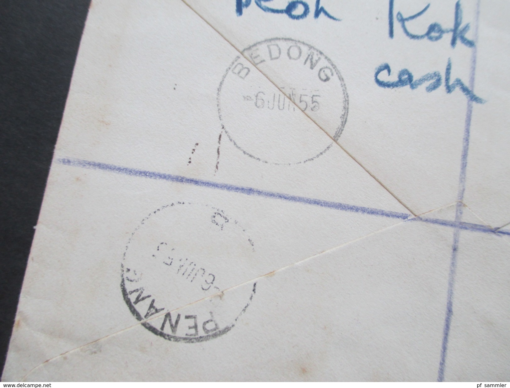 Malaysia 1955 R-Brief Bedong No 0487. 6 Stempel / six cancels. Firmenbrief Jeoh Kok Aun Liquor Bar. Alkohol.