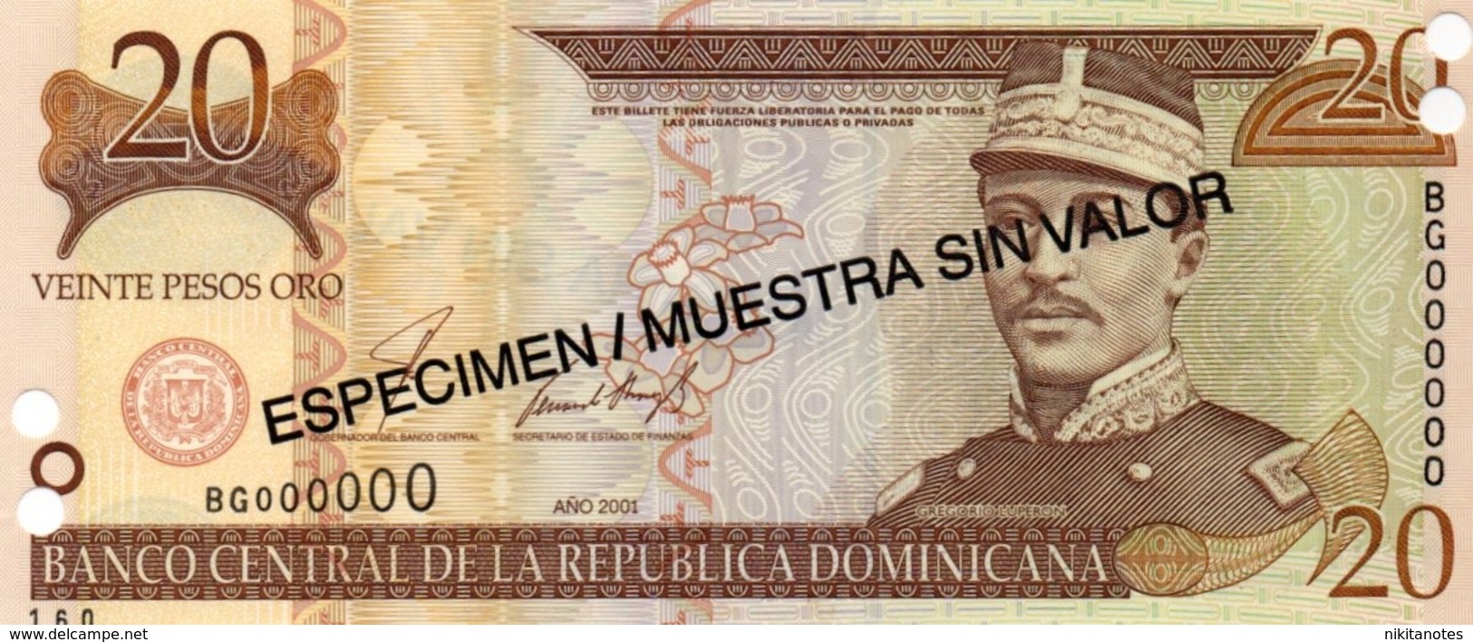 DOMINICAN REP. 20 Pesos 2001 Especimen/ Muestra Sin Valor Unc - Dominicaine