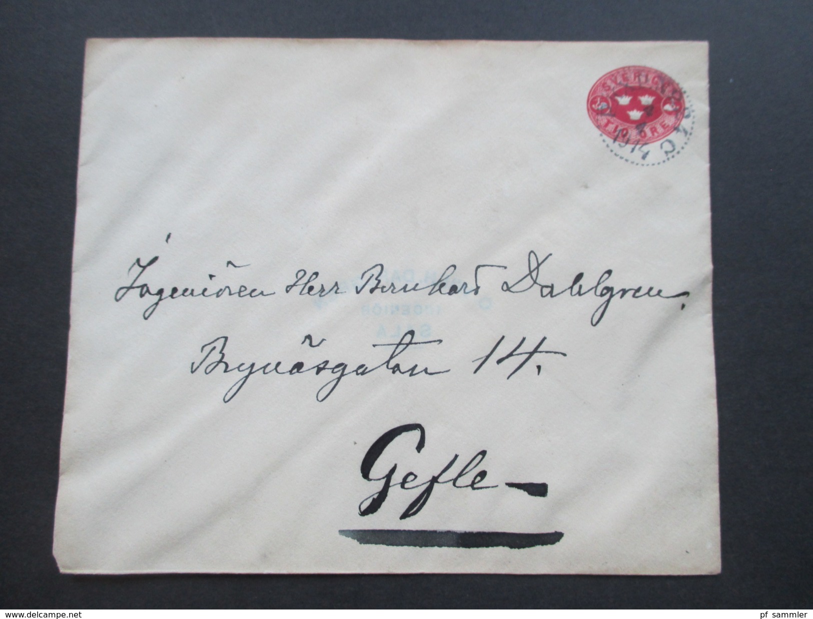 Schweden 1914 Ganzsachenumschlag Nach Gafle. Stempel Gafle TUR. O. Wilh. Dahlgren Ingeniör Sala - Briefe U. Dokumente