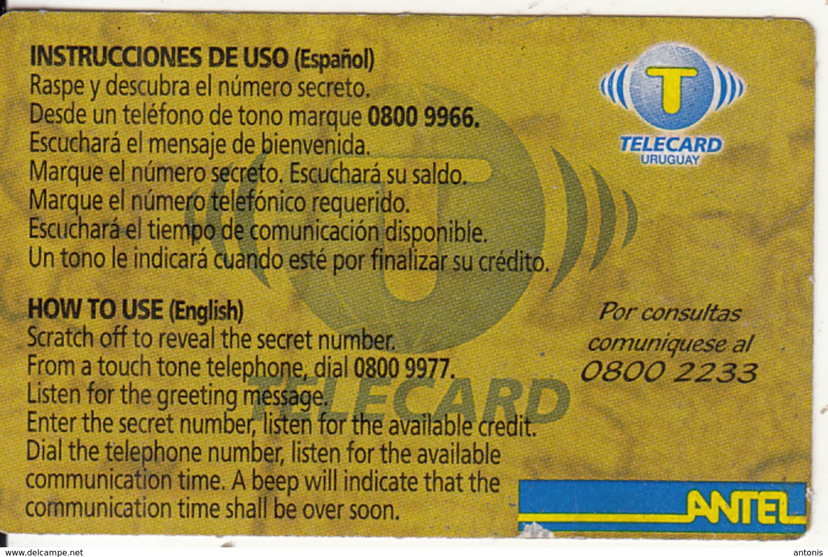 URUGUAY - Telecard By Antel Magnetic Prepaid Card $200, Used - Uruguay
