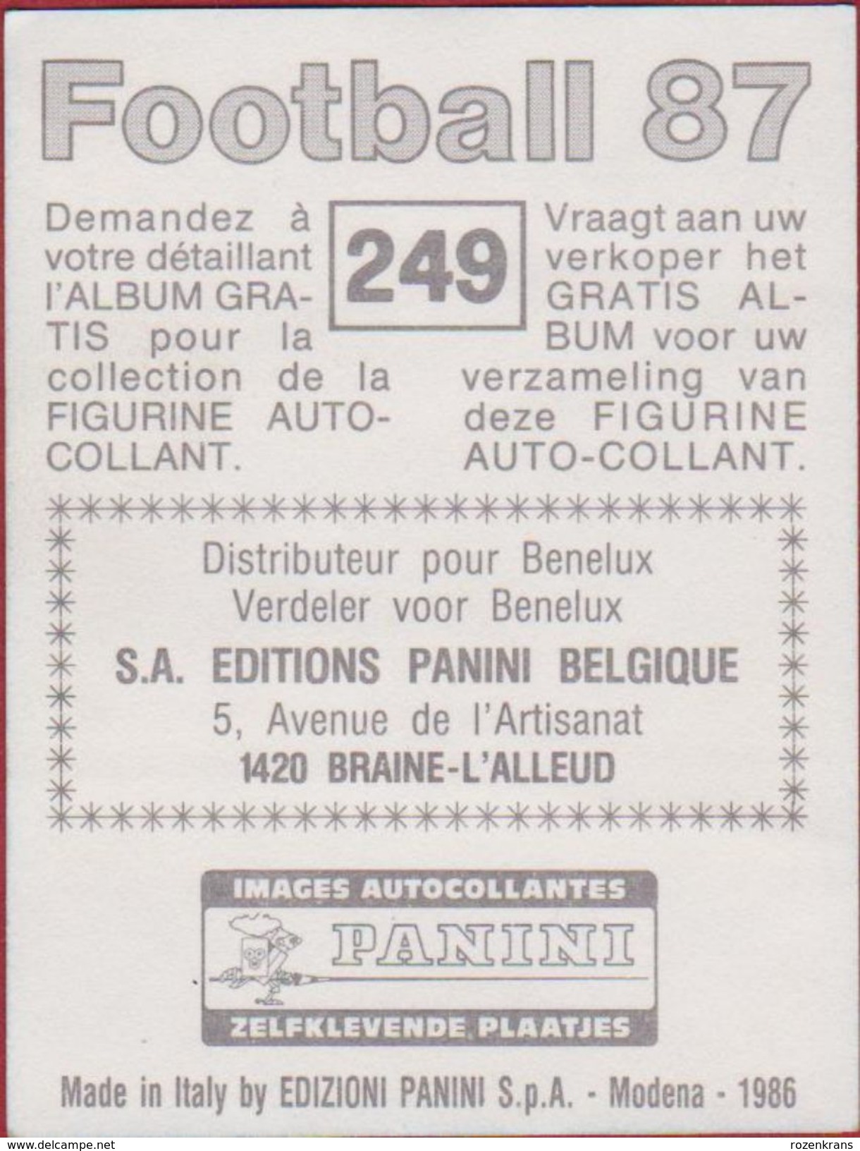 Panini Football Voetbal 87 1987 Belgie Belgique KV Mechelen Sticker Nr. 249 Ronny Martens (Ribbel) - Sports