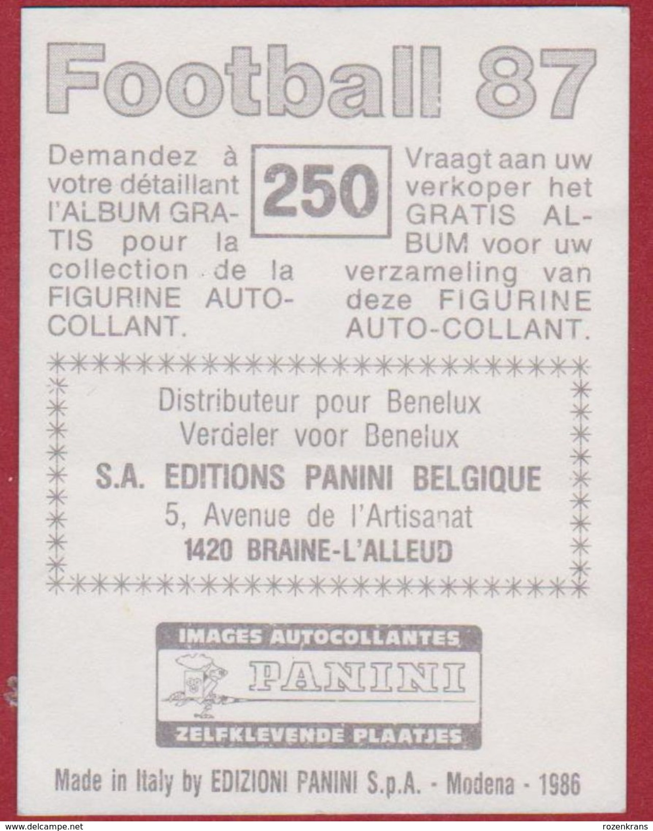 Panini Football Voetbal 87 1987 Belgie Belgique KV Mechelen Sticker Nr. 250 Koen Wijns (Ribbel) - Sports