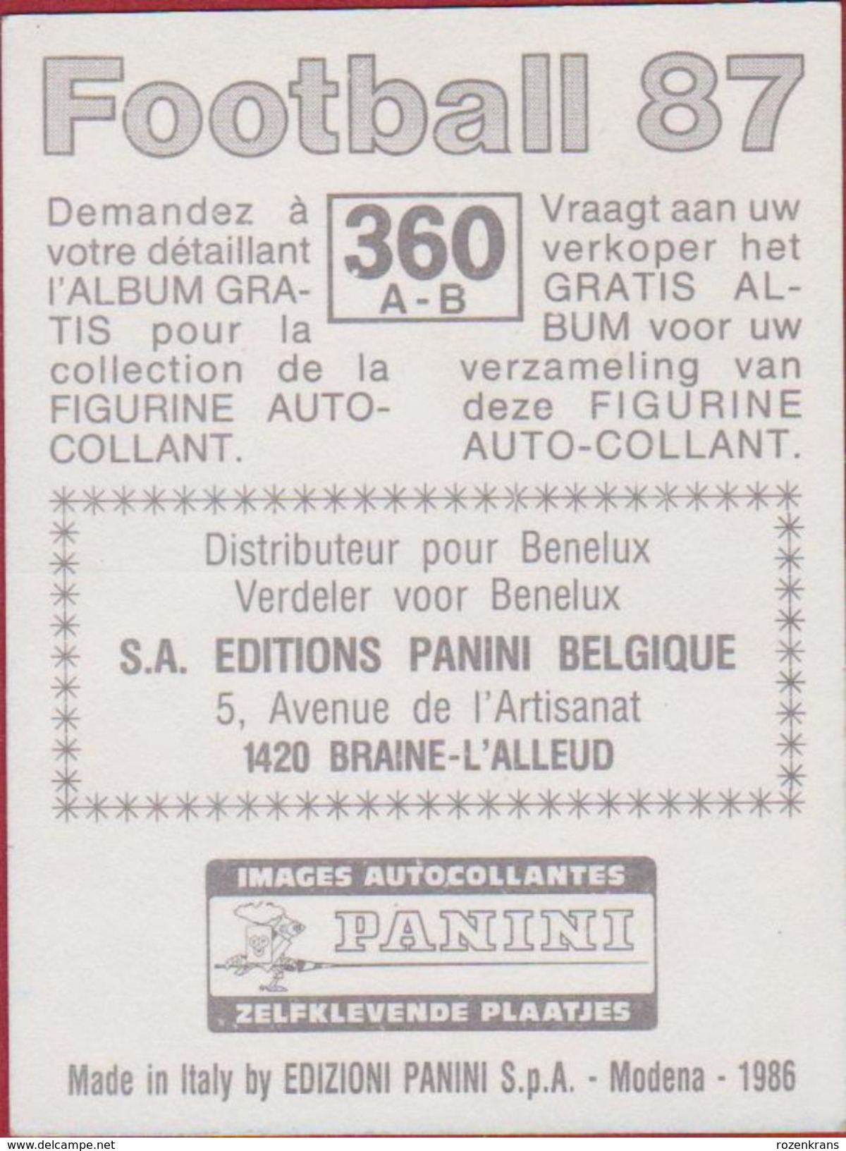 Panini Football Voetbal 87 1987 Belgie Belgique Sticker FC Assent Nr. 360 Frank Kumpen Danny Kaes - Sports