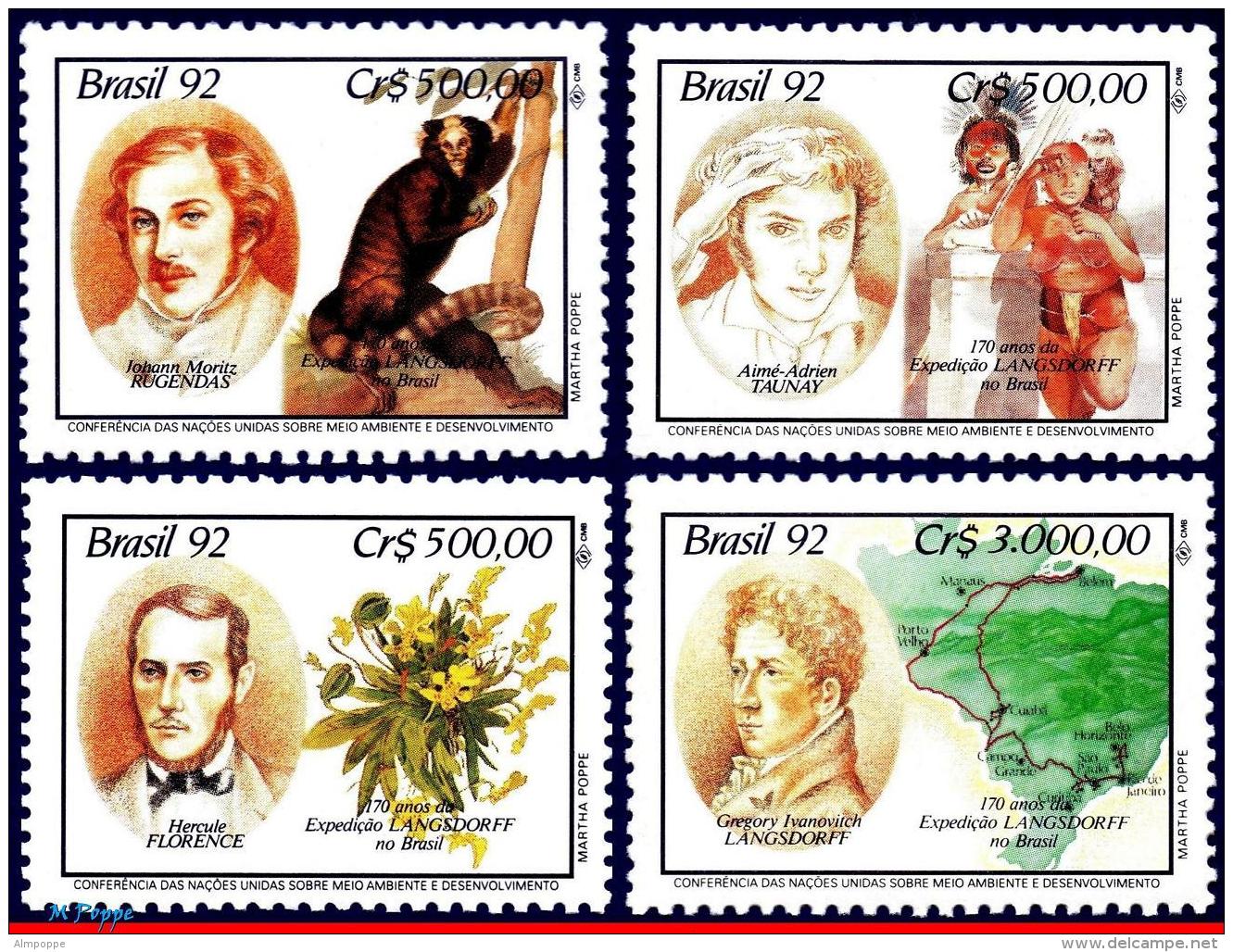 Ref. BR-2363-66 BRAZIL 1992 - LANGSDORFF EXPEDITION,, , DEVELOPMENT, FLOWERS, MI# 2472-75,MNH, ONU, UN 4V Sc# 2363-2366 - Neufs