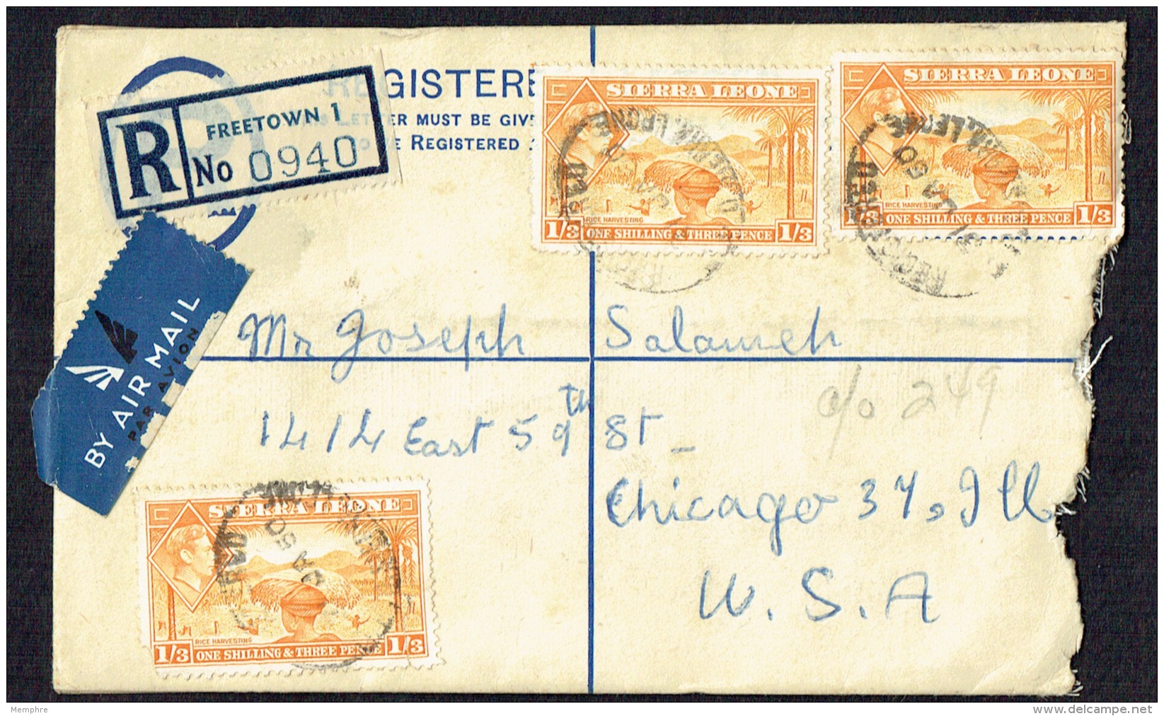 SIERRA LEONE  1950  3d.  Registered Air Letter To USA  Up-rated 1/3 George VI SG 196a X4 - Sierra Leone (...-1960)