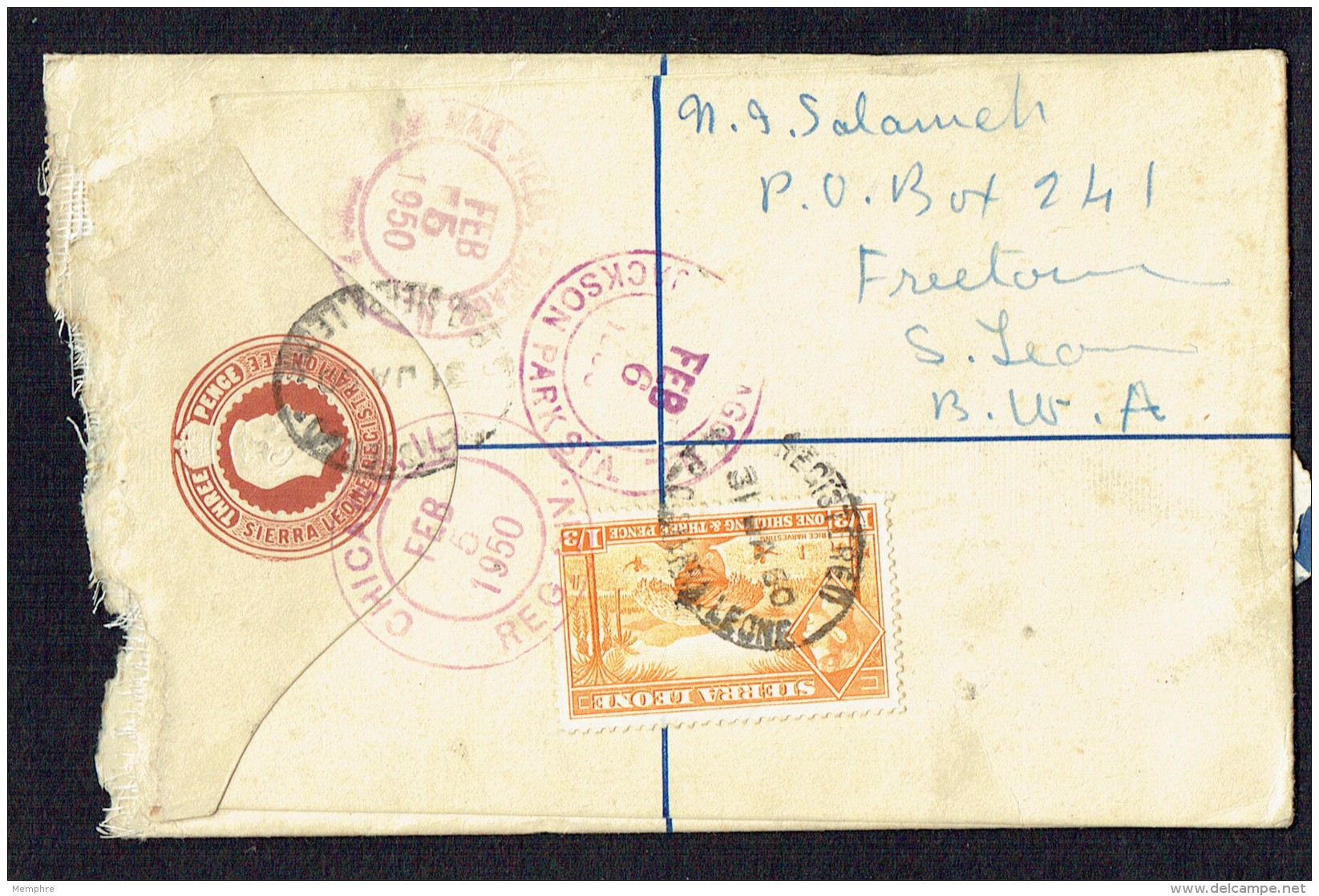 SIERRA LEONE  1950  3d.  Registered Air Letter To USA  Up-rated 1/3 George VI SG 196a X4 - Sierra Leona (...-1960)